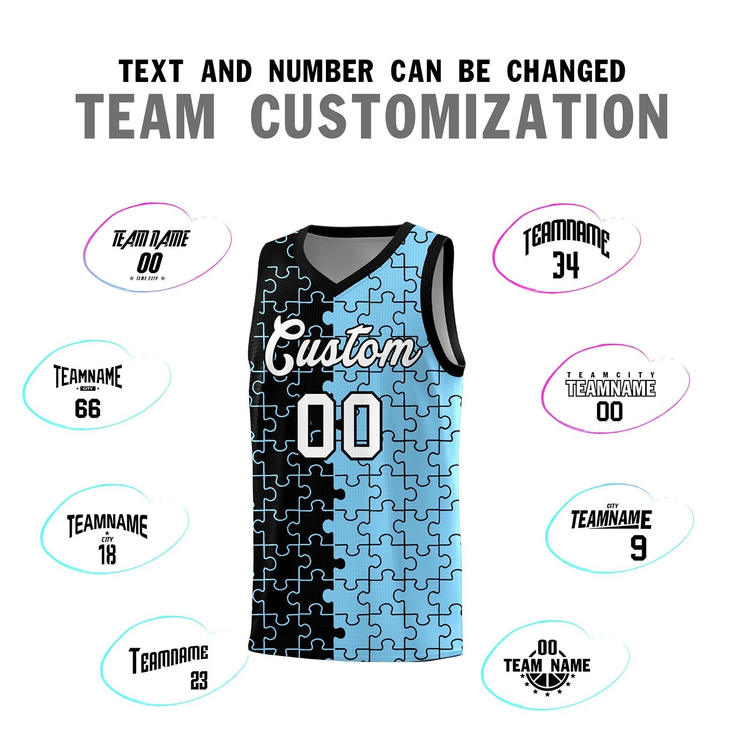 Custom Youth Basketball Jersey Black Light Blue Puzzle Pattern Add Name, Number & Team Logo
