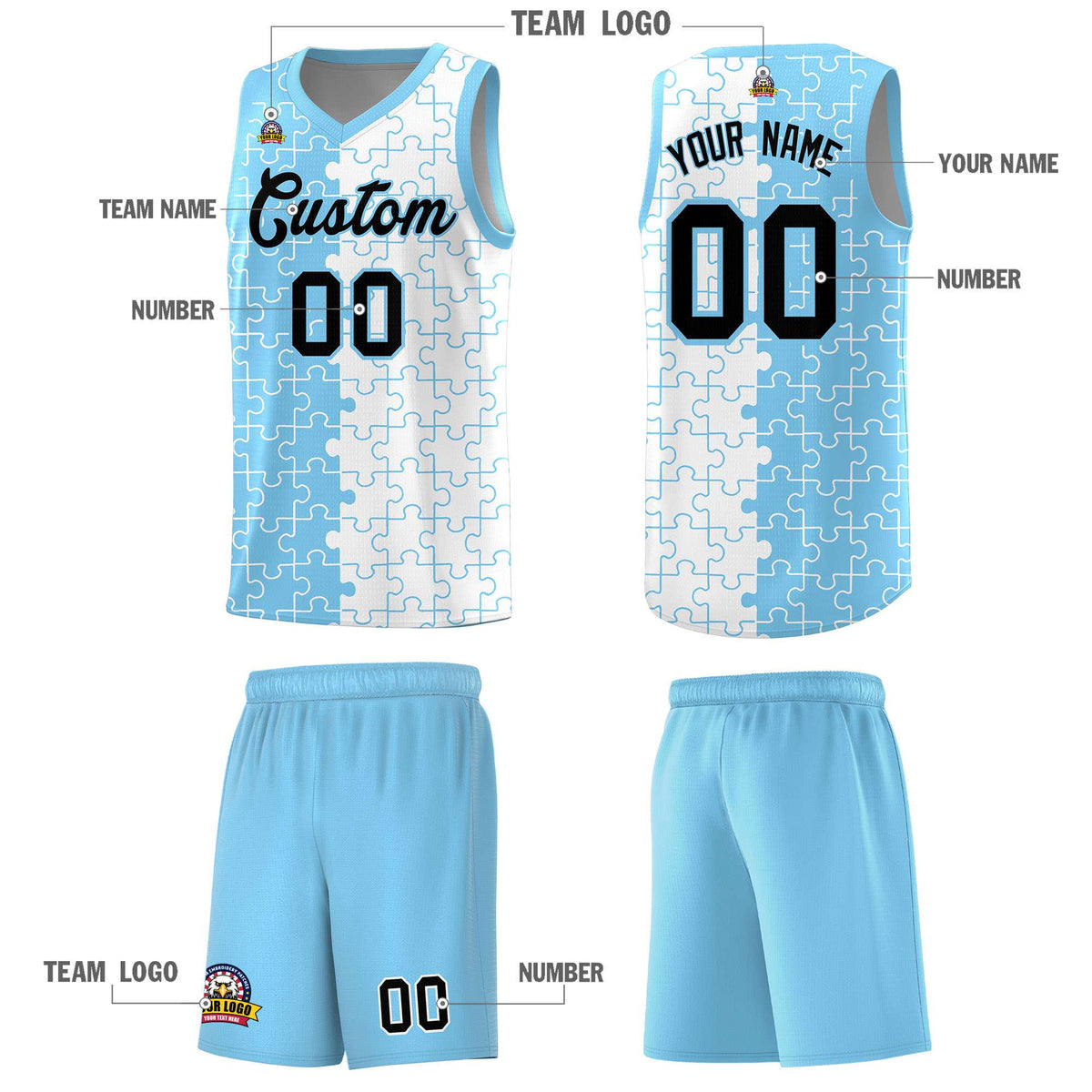 Custom Youth Basketball Jersey Light Blue White Puzzle Pattern Breathable Team Uniform