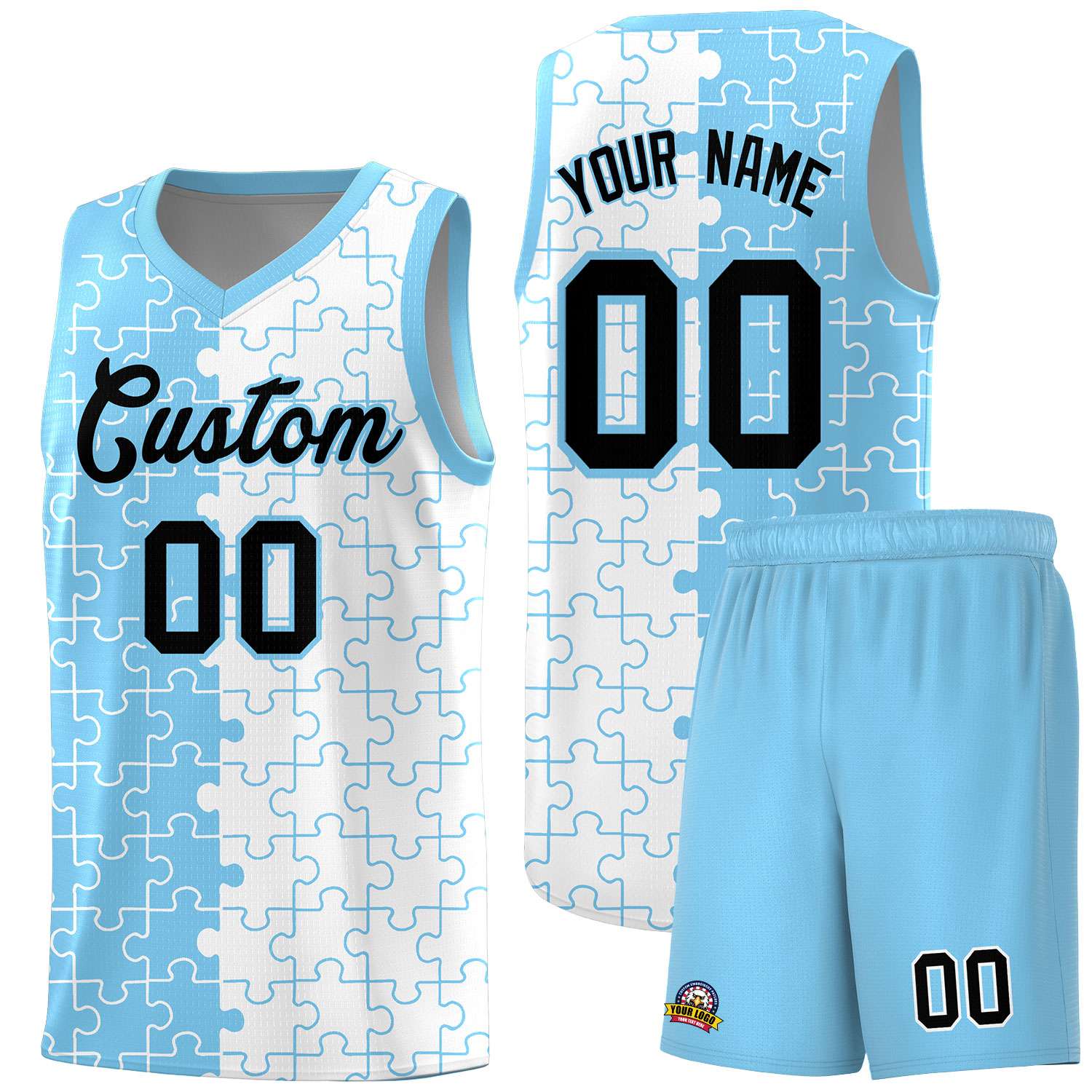 Custom Youth Basketball Jersey Light Blue White Puzzle Pattern Breathable Team Uniform