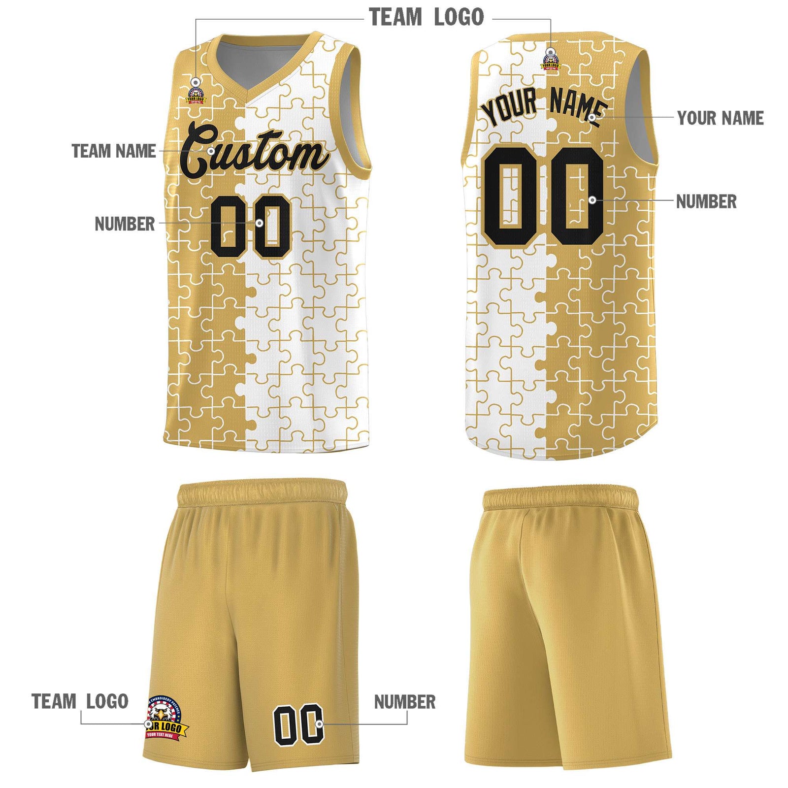 Custom Youth Basketball Jersey Old Gold White Puzzle Pattern Personalized Team Uniform