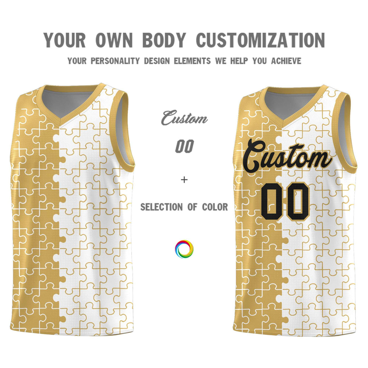 Custom Youth Basketball Jersey Old Gold White Puzzle Pattern Personalized Team Uniform
