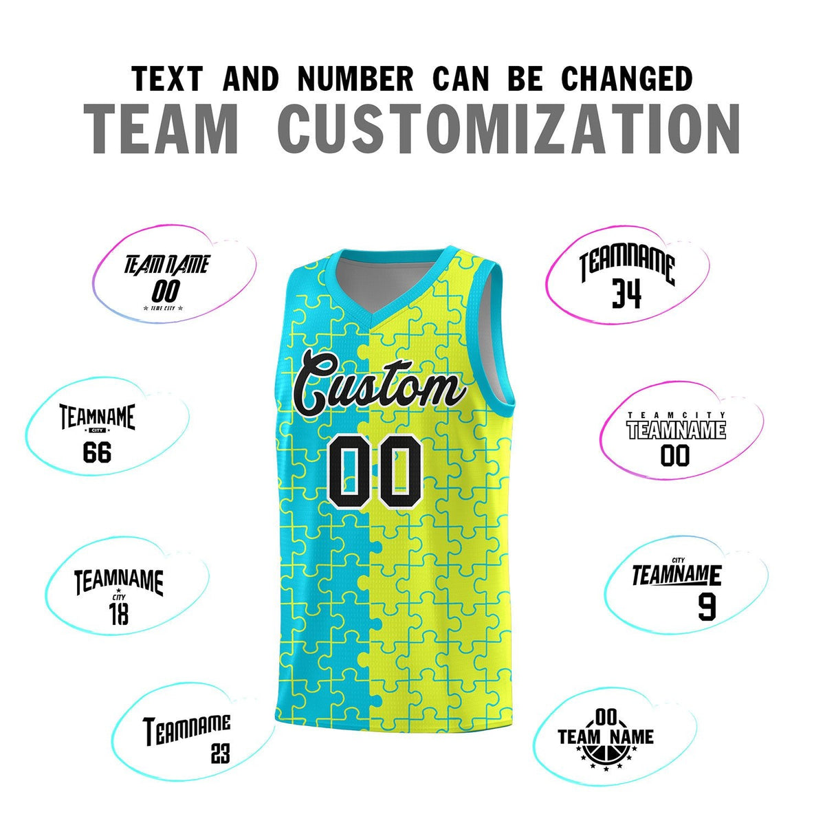 Custom Youth Basketball Jersey Sky Blue Fluorescent Green Puzzle Pattern Personalized Team Uniform
