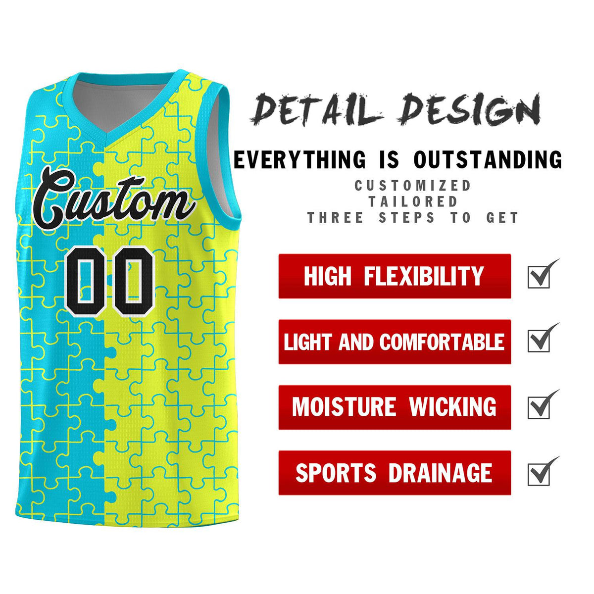Custom Youth Basketball Jersey Sky Blue Fluorescent Green Puzzle Pattern Personalized Team Uniform