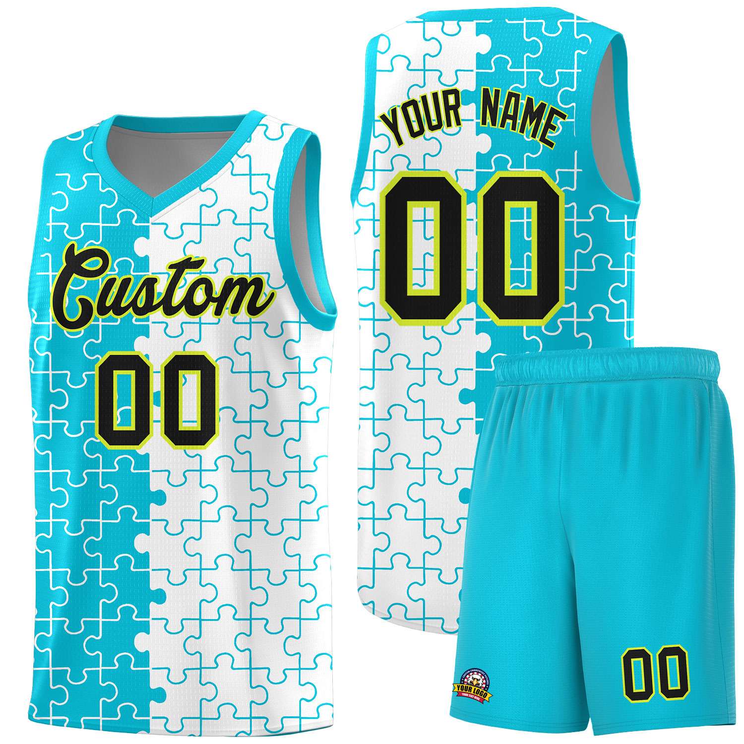 Custom Youth Basketball Jersey Sky Blue White Puzzle Pattern Breathable Team Uniform