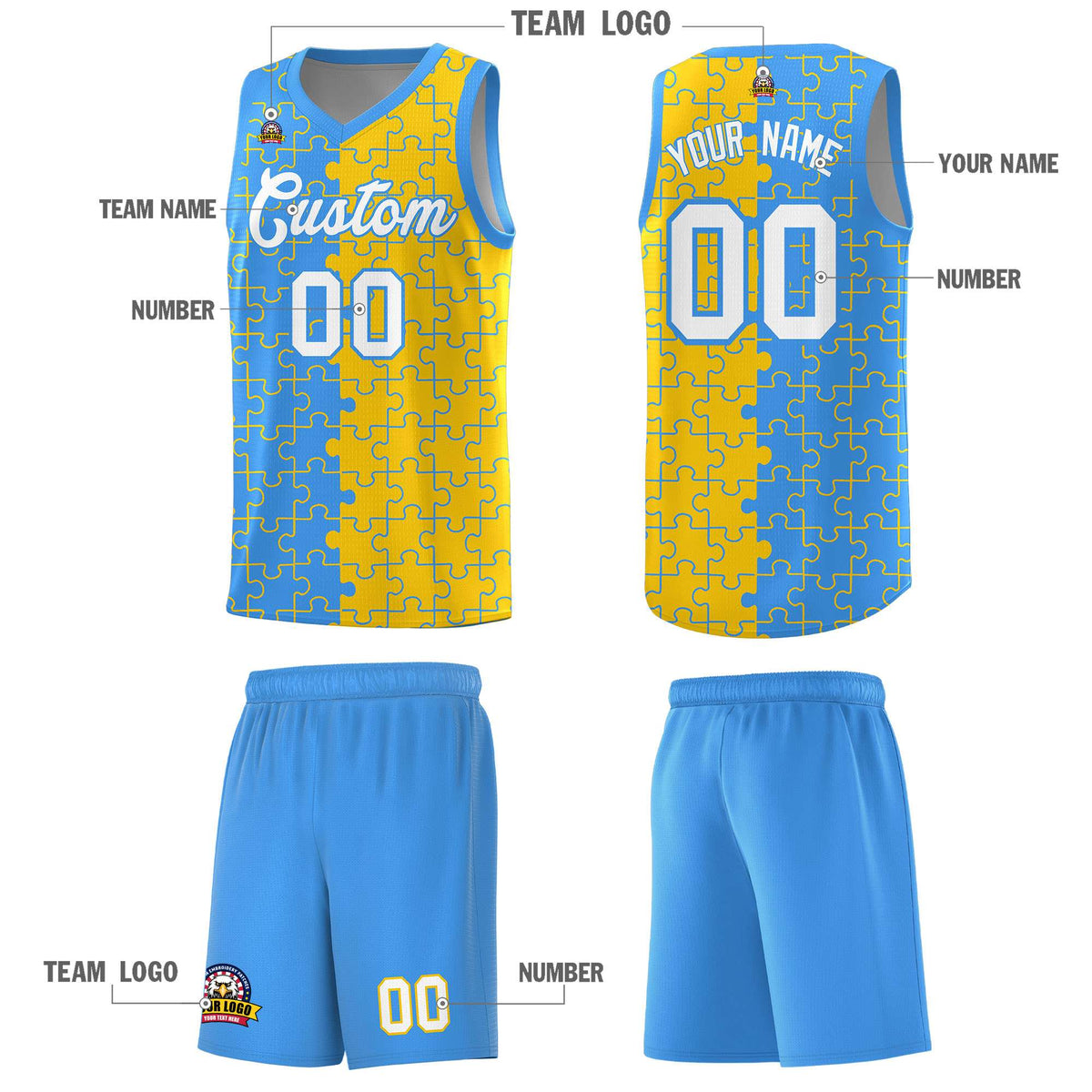 Custom Youth Basketball Jersey Light Blue Gold Puzzle Pattern Moisture-Wicking Team Uniform