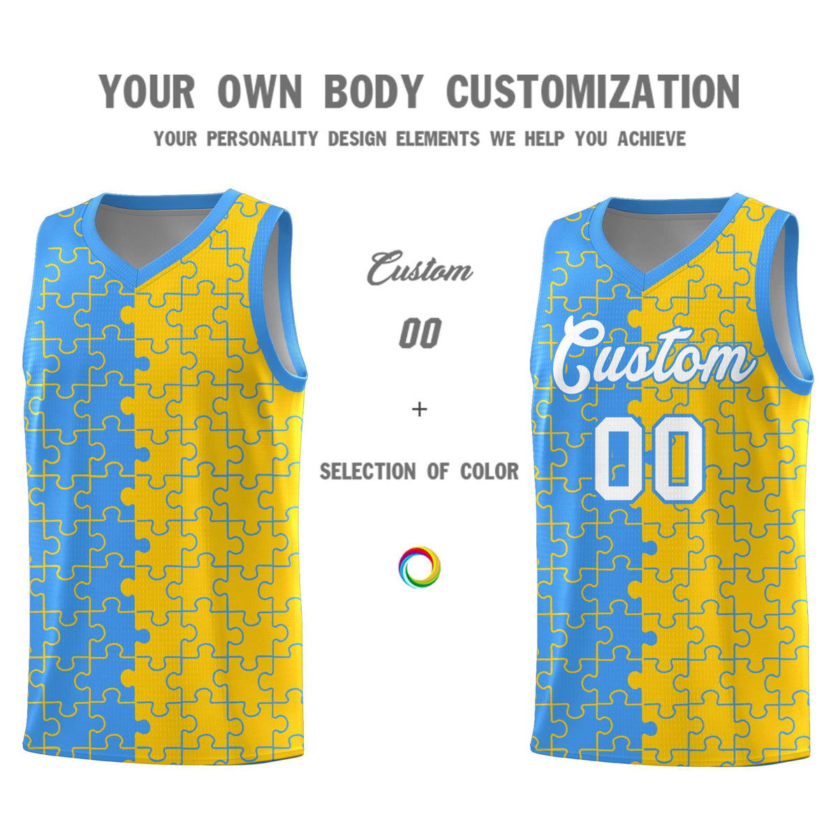 Custom Youth Basketball Jersey Light Blue Gold Puzzle Pattern Moisture-Wicking Team Uniform