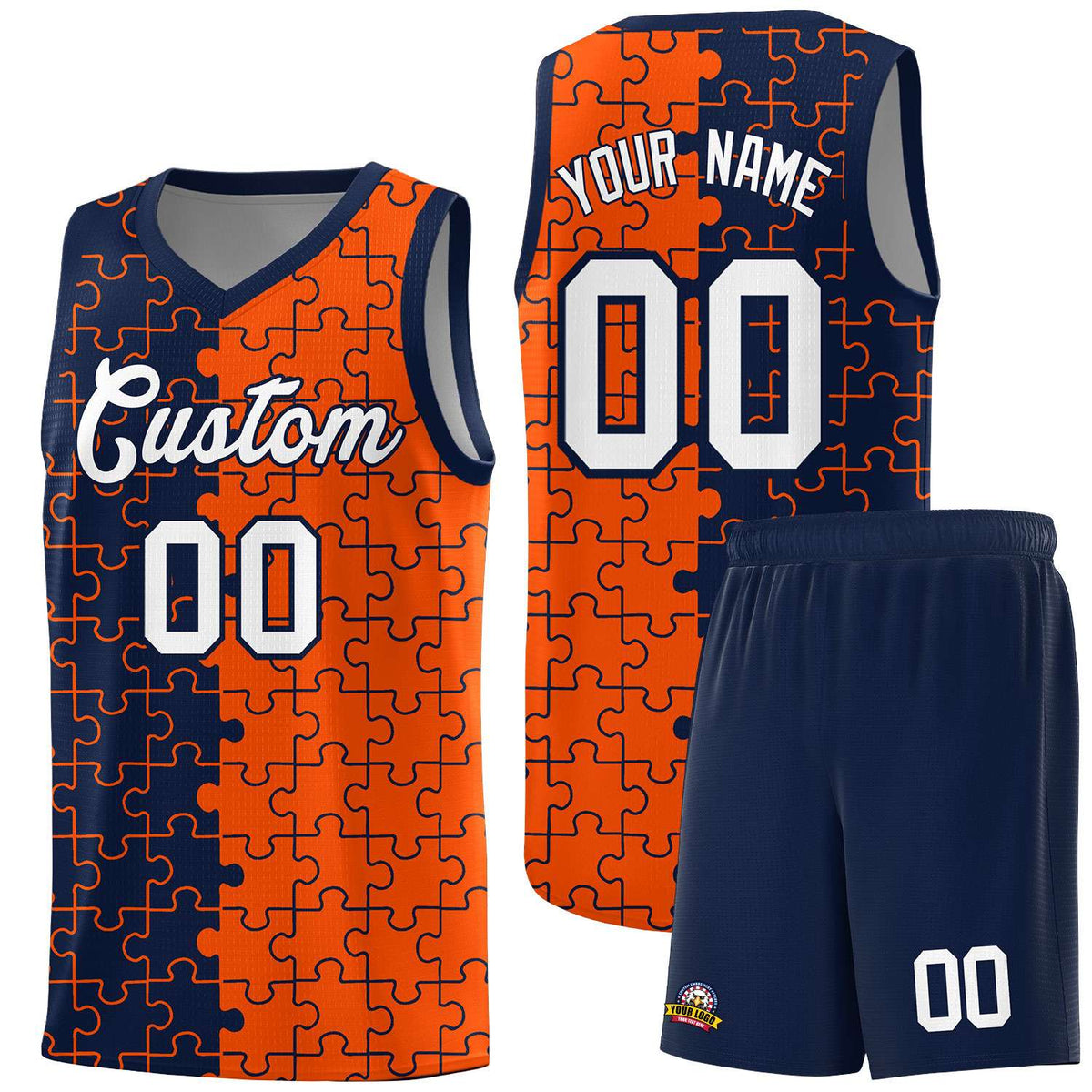 Custom Youth Basketball Jersey Navy Orange Puzzle Pattern Add Name, Number &amp; Team Logo