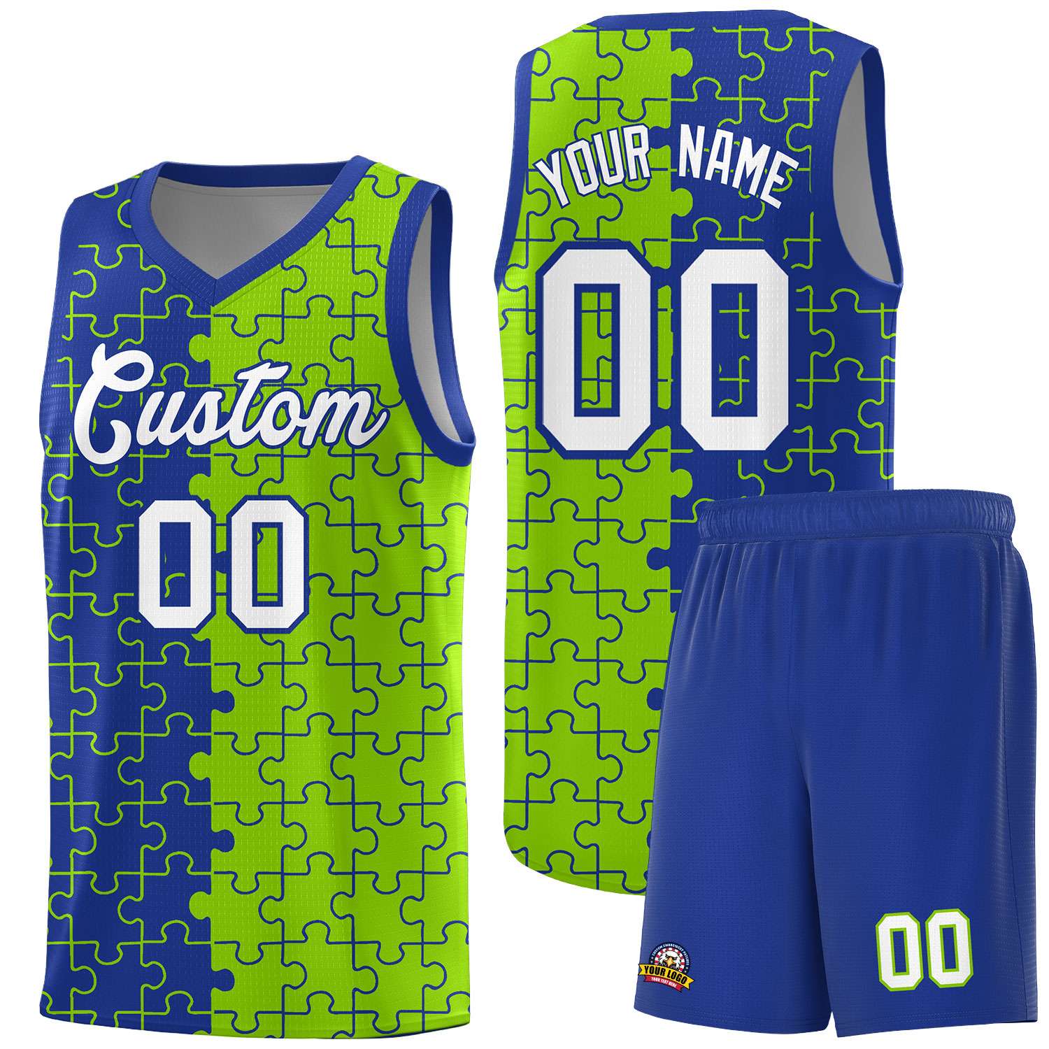 Custom Youth Basketball Jersey Royal Blue Neon Green Puzzle Pattern Moisture-Wicking Team Uniform
