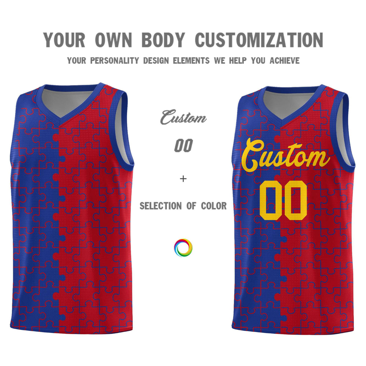 Custom Youth Basketball Jersey Royal Blue Red Puzzle Pattern Personalized Team Uniform