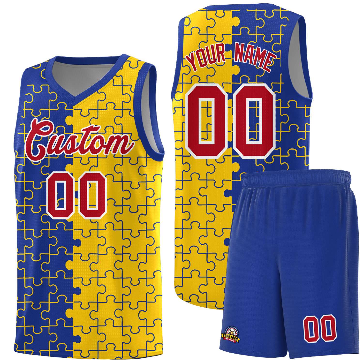 Custom Youth Basketball Jersey Royal Blue Gold Puzzle Pattern Add Name, Number & Team Logo