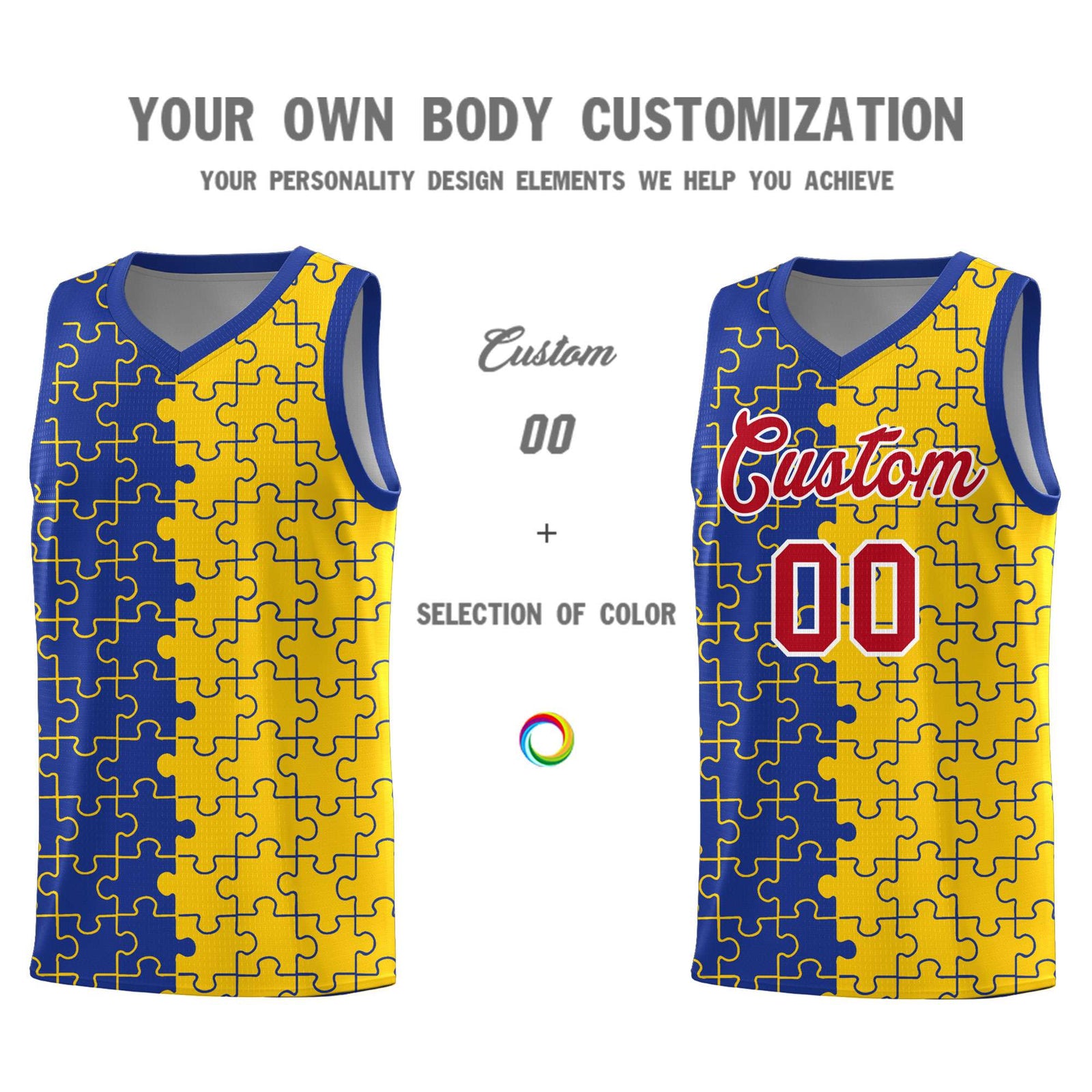 Custom Youth Basketball Jersey Royal Blue Gold Puzzle Pattern Add Name, Number & Team Logo