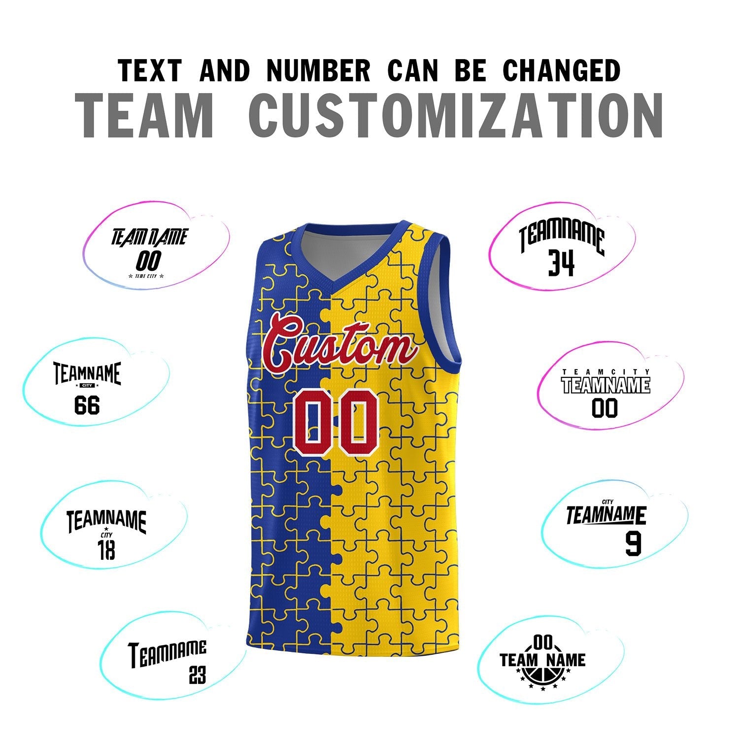 Custom Youth Basketball Jersey Royal Blue Gold Puzzle Pattern Add Name, Number & Team Logo