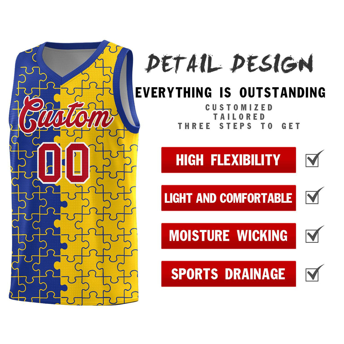 Custom Youth Basketball Jersey Royal Blue Gold Puzzle Pattern Add Name, Number &amp; Team Logo