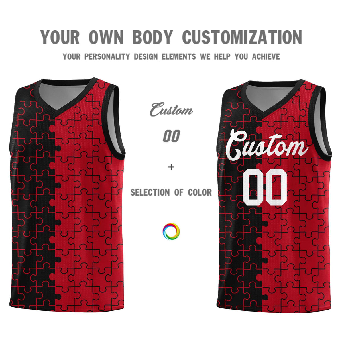 Custom Youth Basketball Jersey Black Red Puzzle Pattern Breathable Team Uniform