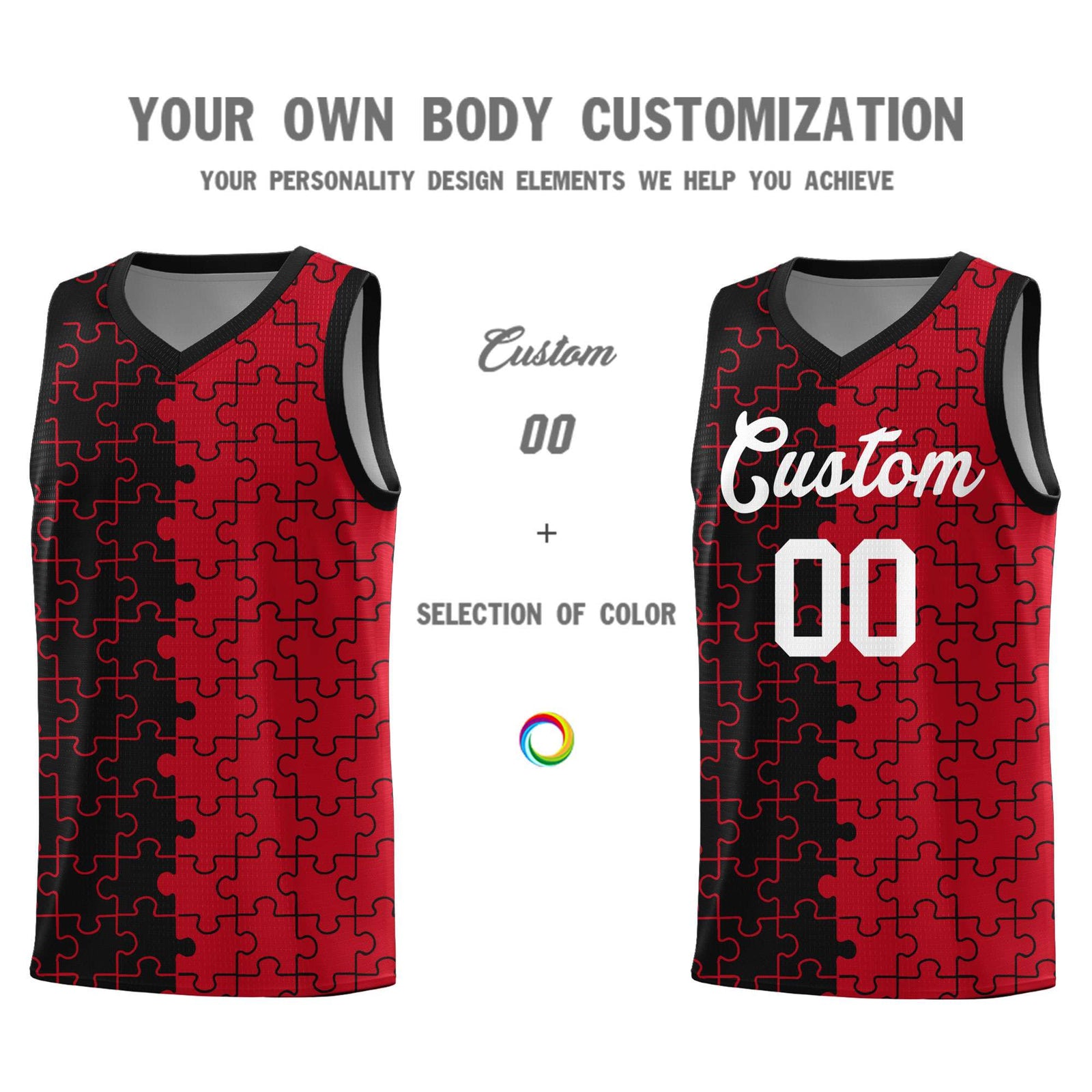Custom Youth Basketball Jersey Black Red Puzzle Pattern Breathable Team Uniform