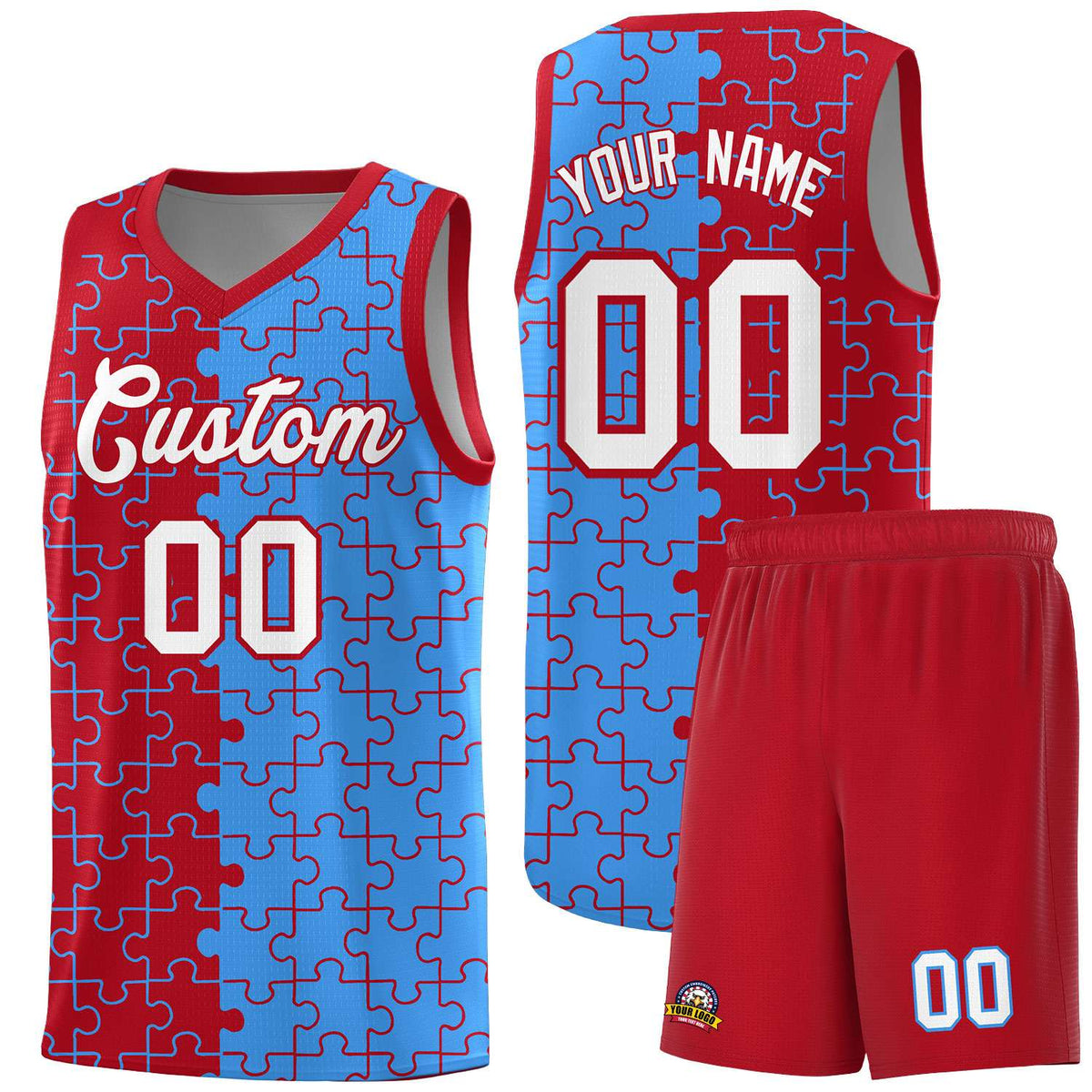 Custom Youth Basketball Jersey Red Light Blue Puzzle Pattern Moisture-Wicking Team Uniform