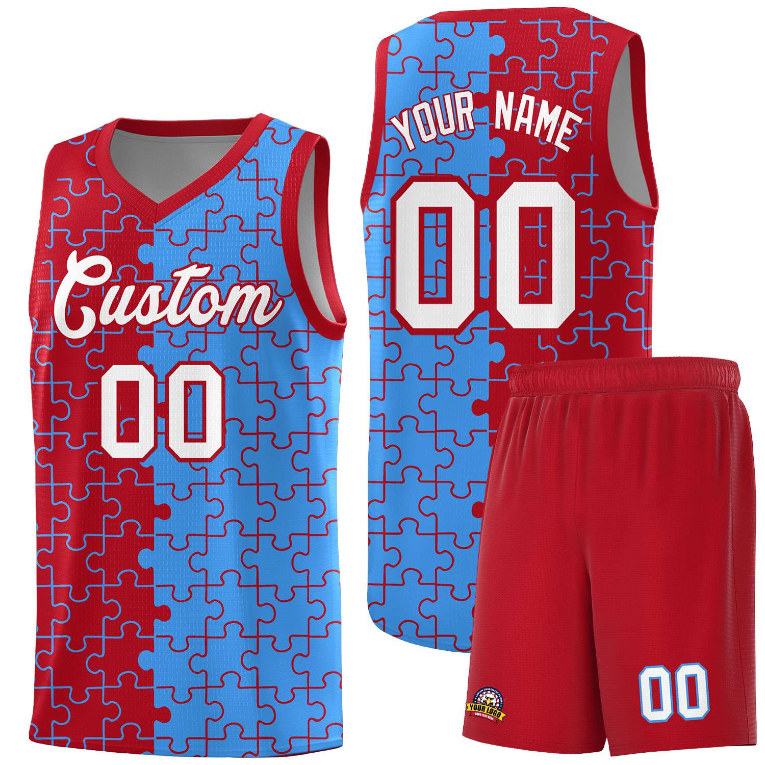 Custom Youth Basketball Jersey Red Light Blue Puzzle Pattern Moisture-Wicking Team Uniform
