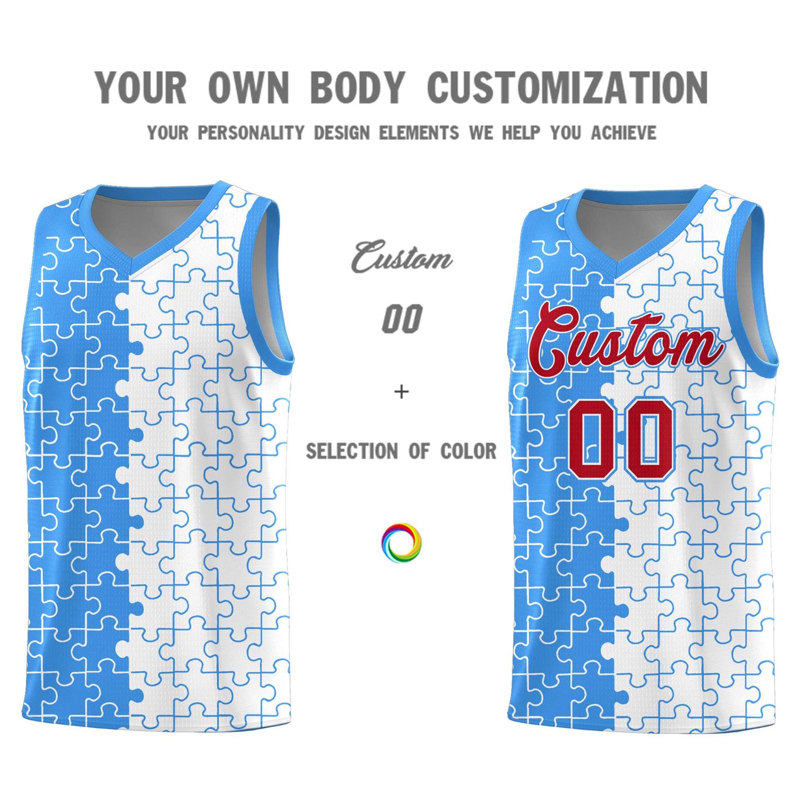 Custom Youth Basketball Jersey Light Blue White Puzzle Pattern Personalized Team Uniform