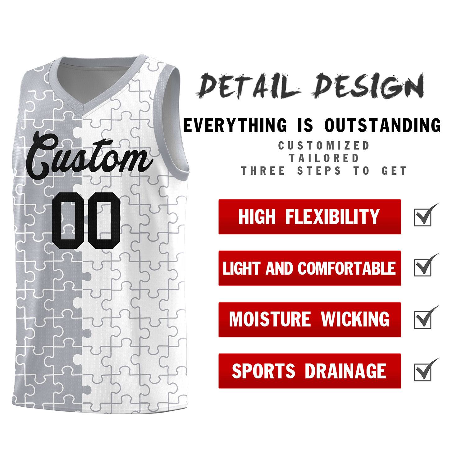 Custom Youth Basketball Jersey Gray White Puzzle Pattern Personalized Team Uniform