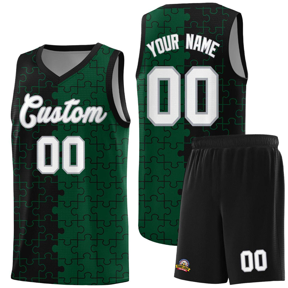 Custom Youth Basketball Jersey Black Green Puzzle Pattern Breathable Team Uniform