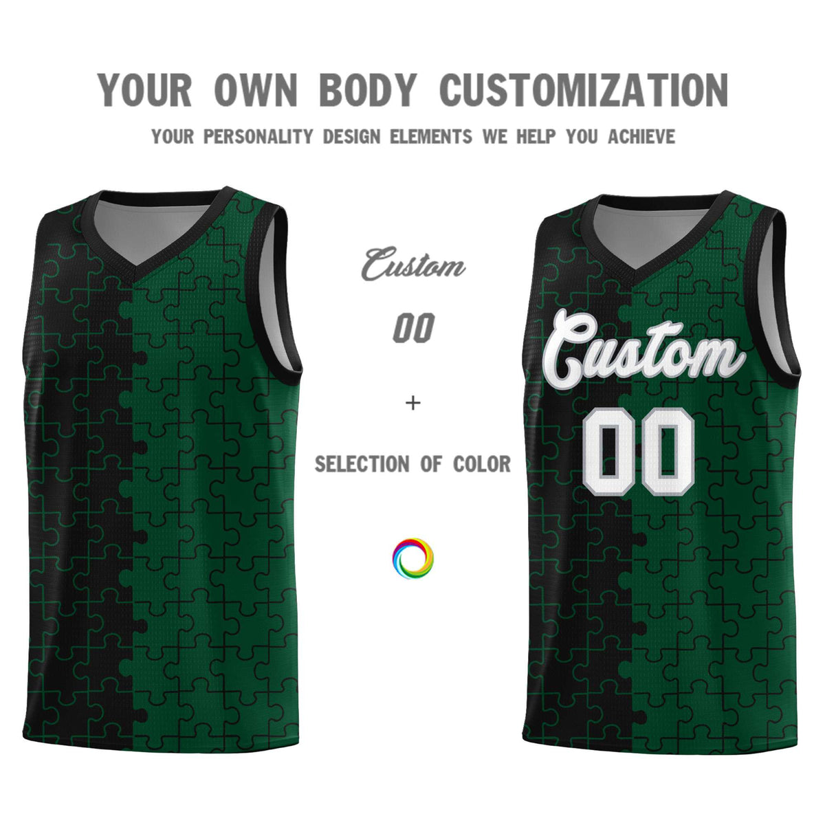 Custom Youth Basketball Jersey Black Green Puzzle Pattern Breathable Team Uniform