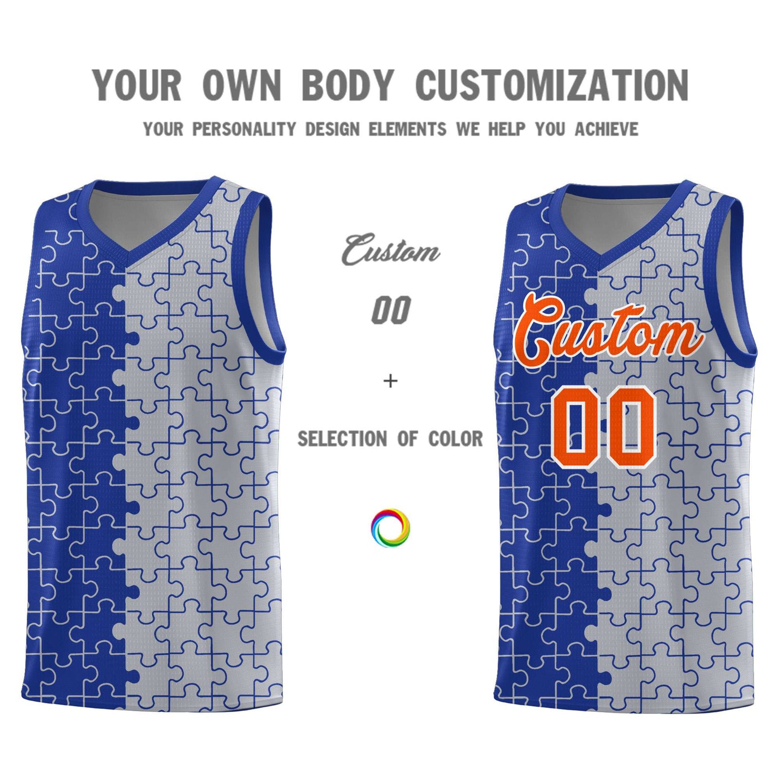 Custom Youth Basketball Jersey Royal Blue Gray Puzzle Pattern Moisture-Wicking Team Uniform