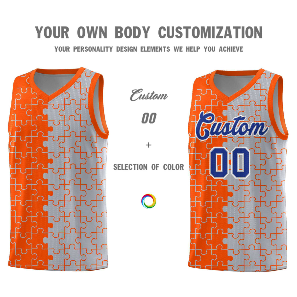 Custom Youth Basketball Jersey Orange Gray Puzzle Pattern Personalized Team Uniform