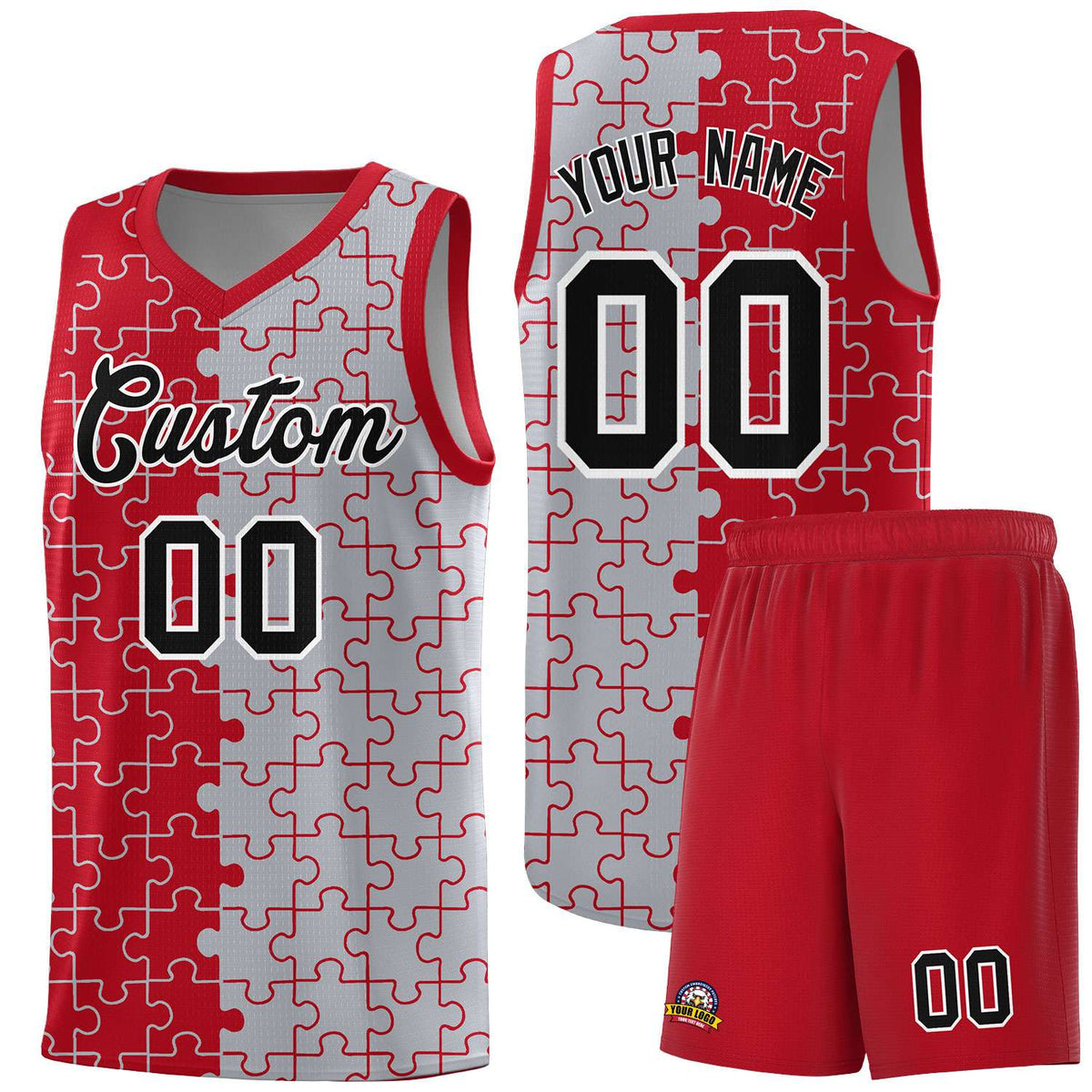 Custom Youth Basketball Jersey Red Gray Puzzle Pattern Add Name, Number & Team Logo