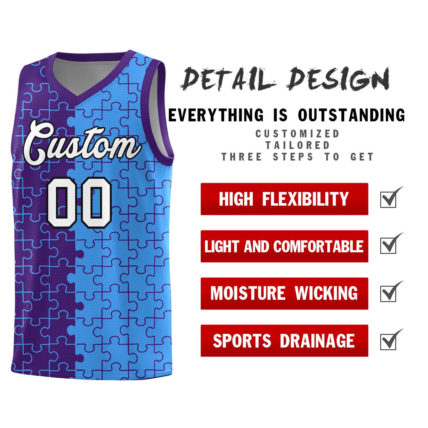 Custom Youth Basketball Jersey Purple Light Blue Puzzle Pattern Breathable Team Uniform