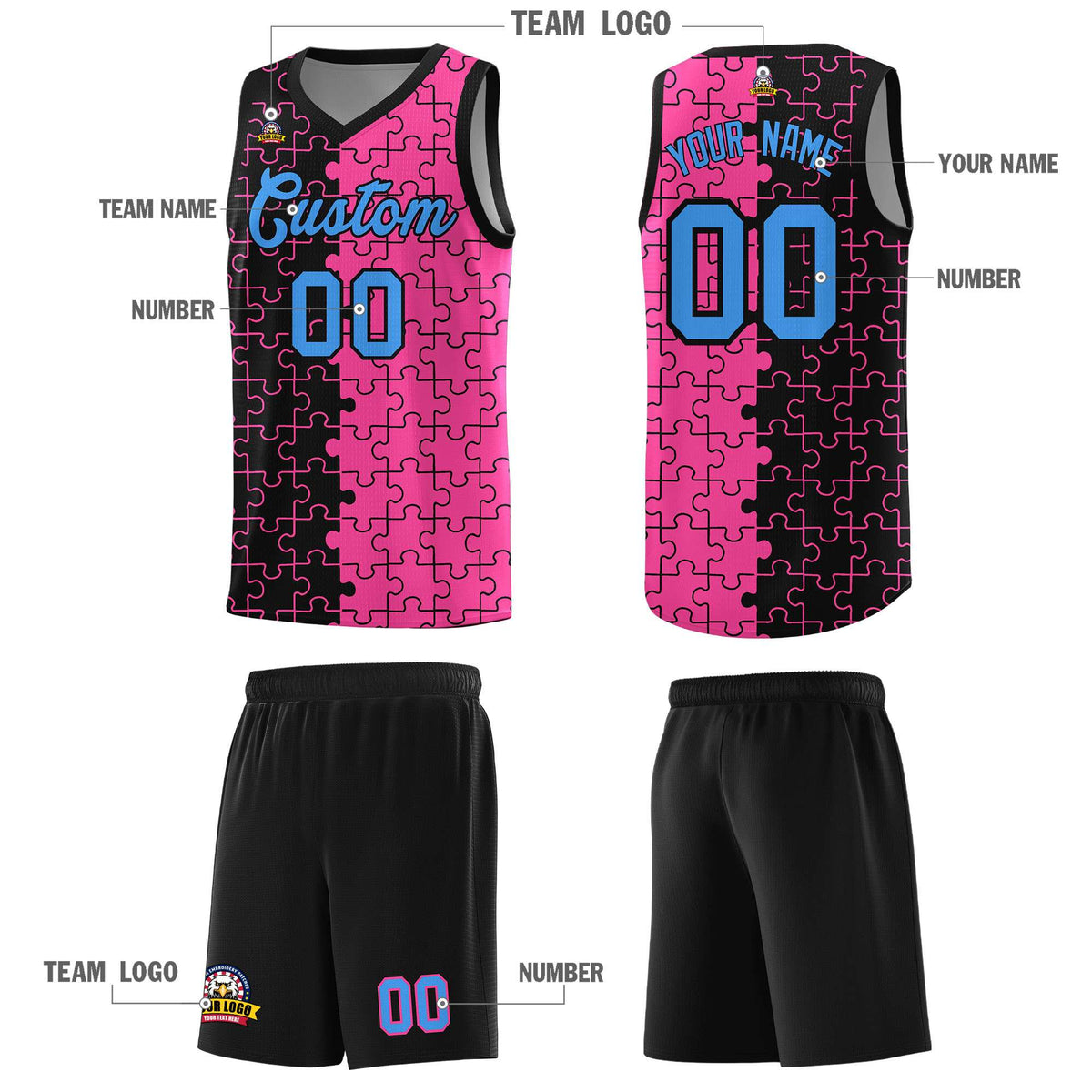 Custom Youth Basketball Jersey Black Pink Puzzle Pattern Add Name, Number &amp; Team Logo