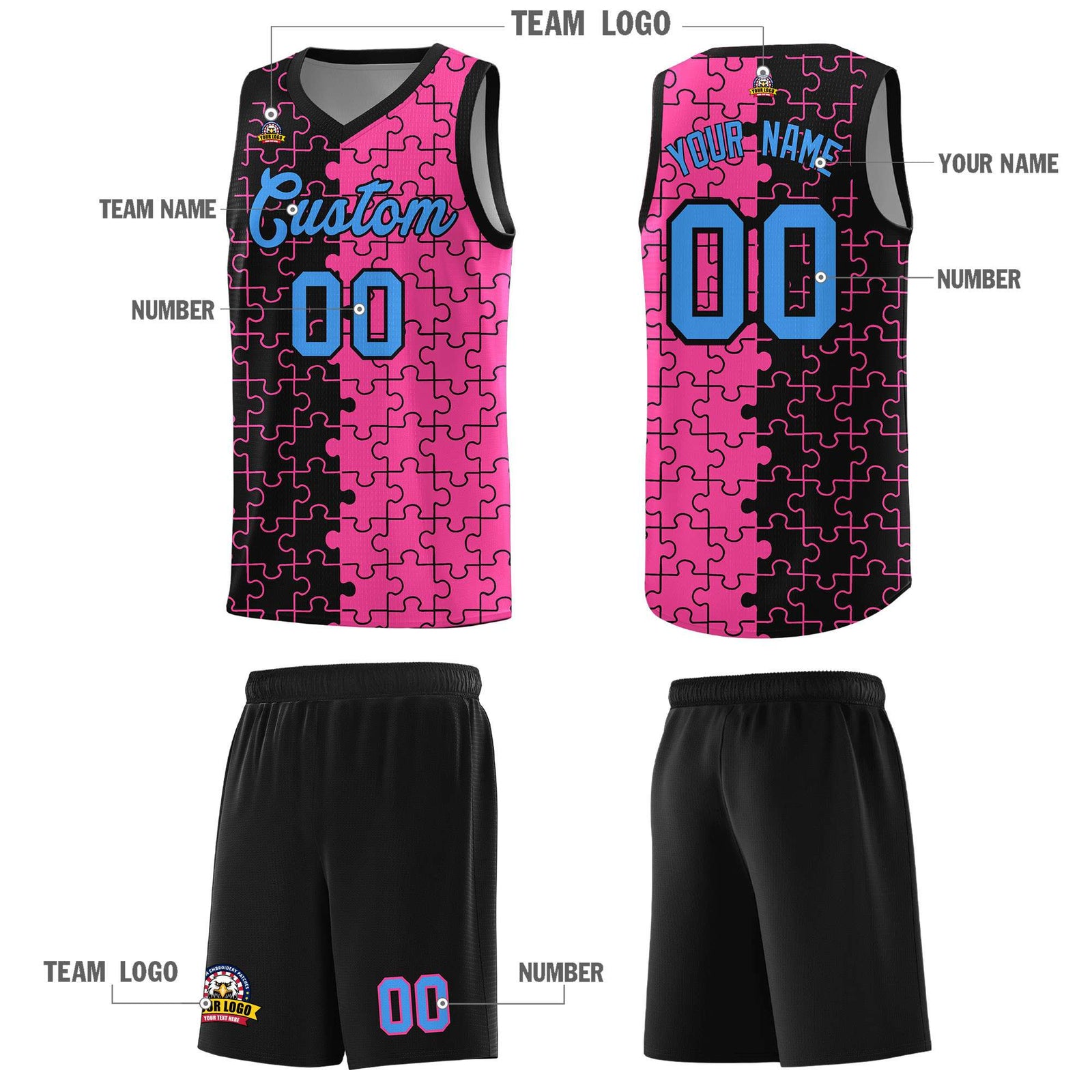 Custom Youth Basketball Jersey Black Pink Puzzle Pattern Add Name, Number & Team Logo