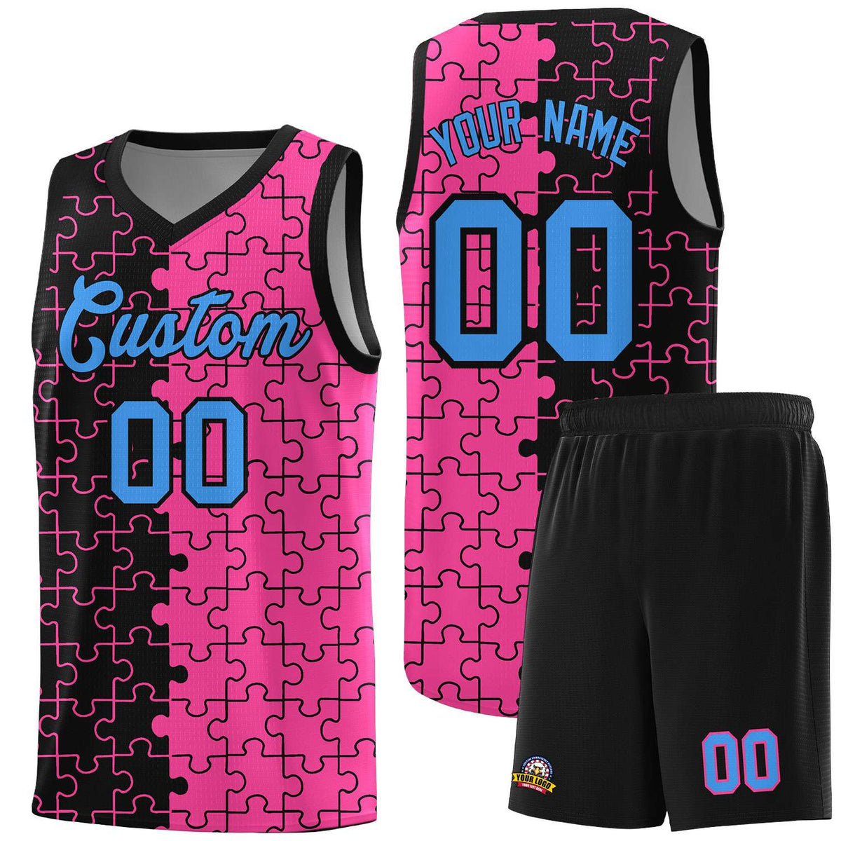 Custom Youth Basketball Jersey Black Pink Puzzle Pattern Add Name, Number &amp; Team Logo