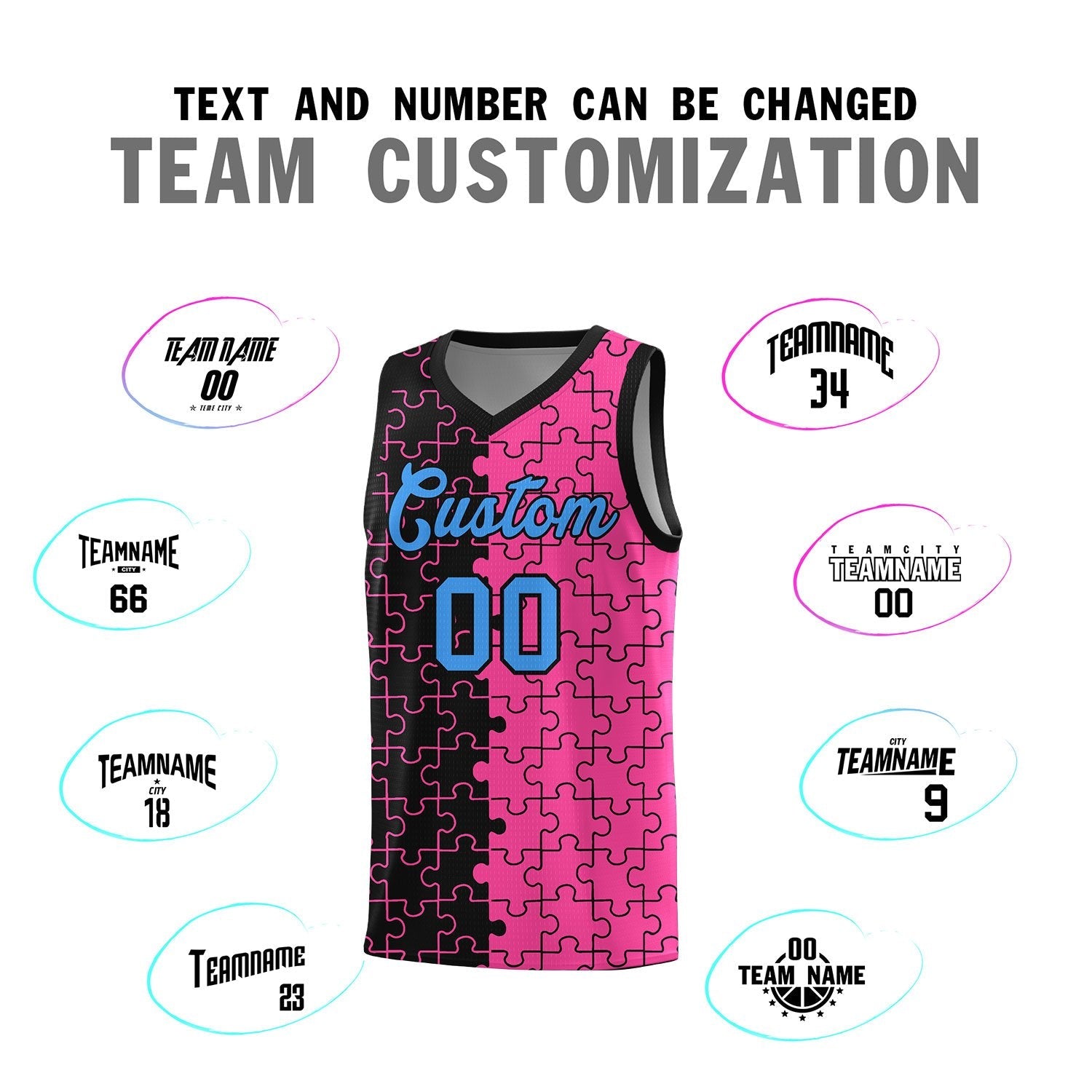 Custom Youth Basketball Jersey Black Pink Puzzle Pattern Add Name, Number & Team Logo