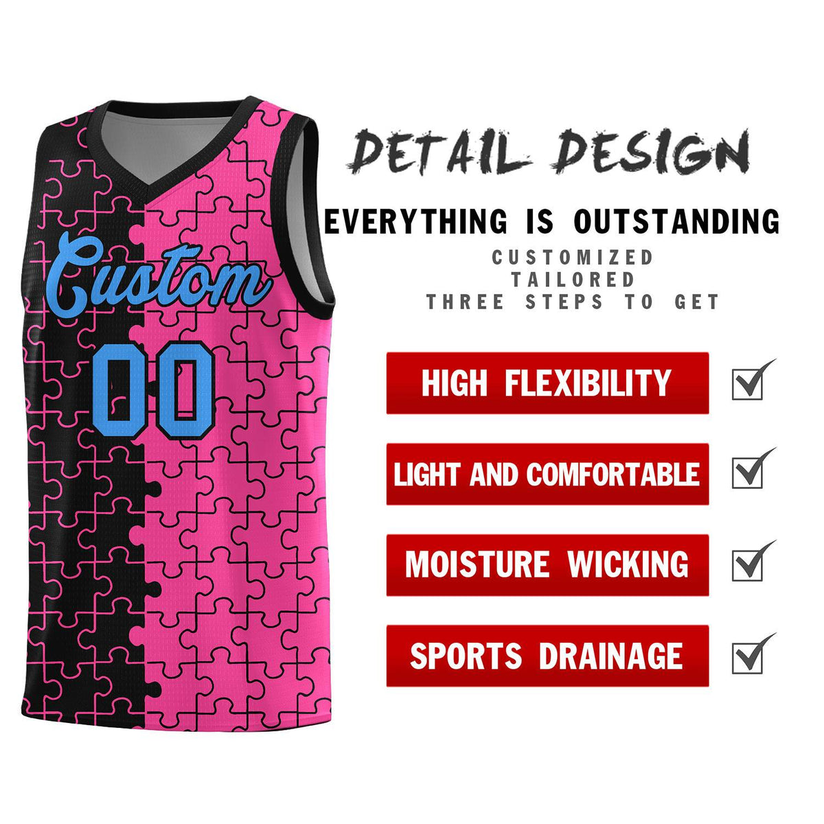 Custom Youth Basketball Jersey Black Pink Puzzle Pattern Add Name, Number &amp; Team Logo