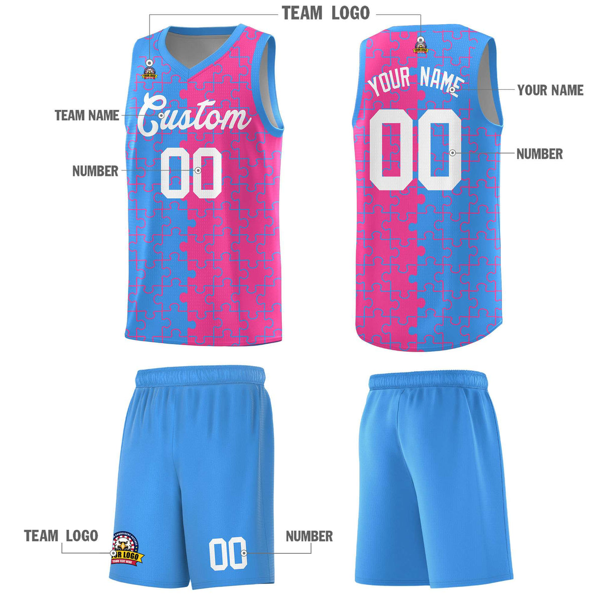 Custom Youth Basketball Jersey Light Blue Pink Puzzle Pattern Moisture-Wicking Team Uniform