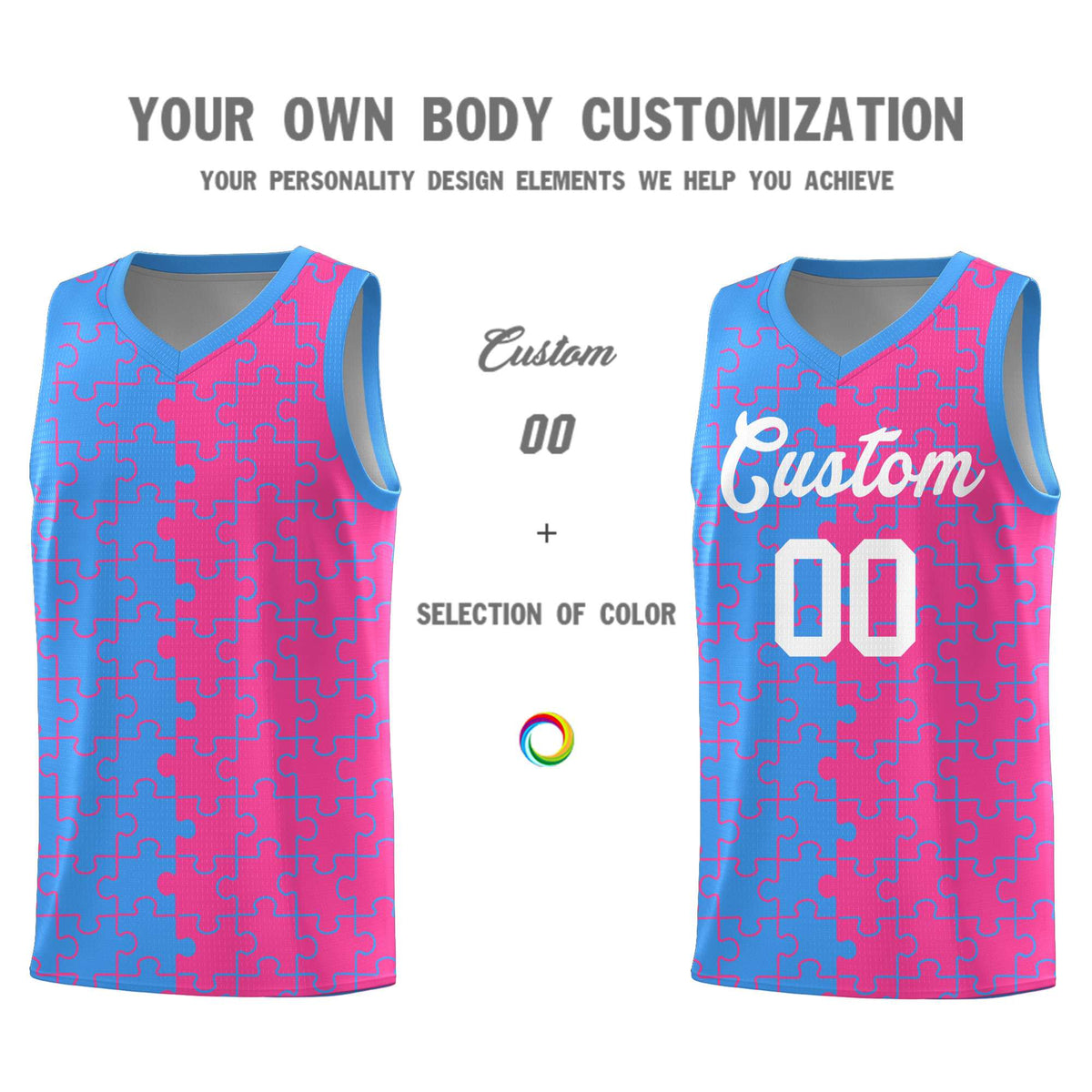 Custom Youth Basketball Jersey Light Blue Pink Puzzle Pattern Moisture-Wicking Team Uniform