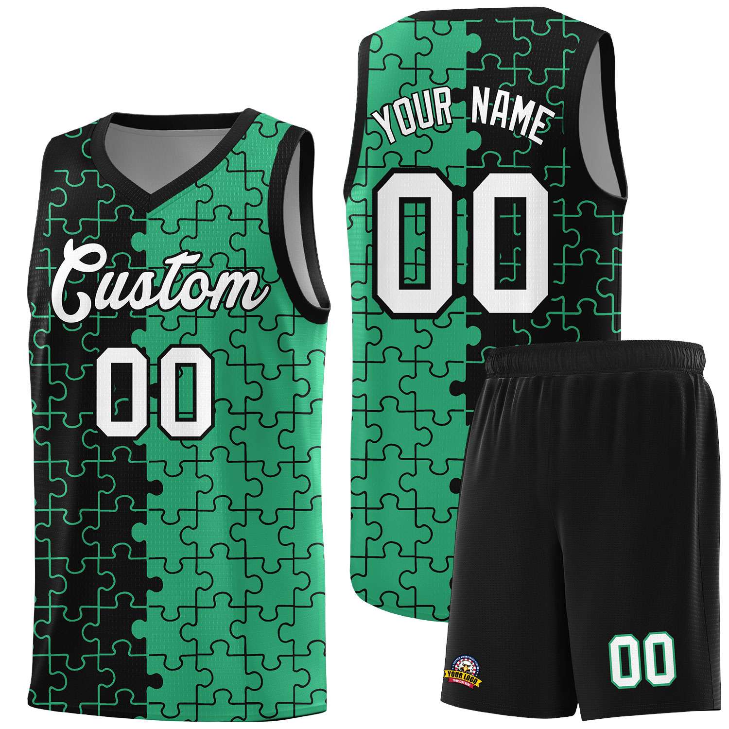 Custom Youth Basketball Jersey Black Green Puzzle Pattern Personalized Team Uniform