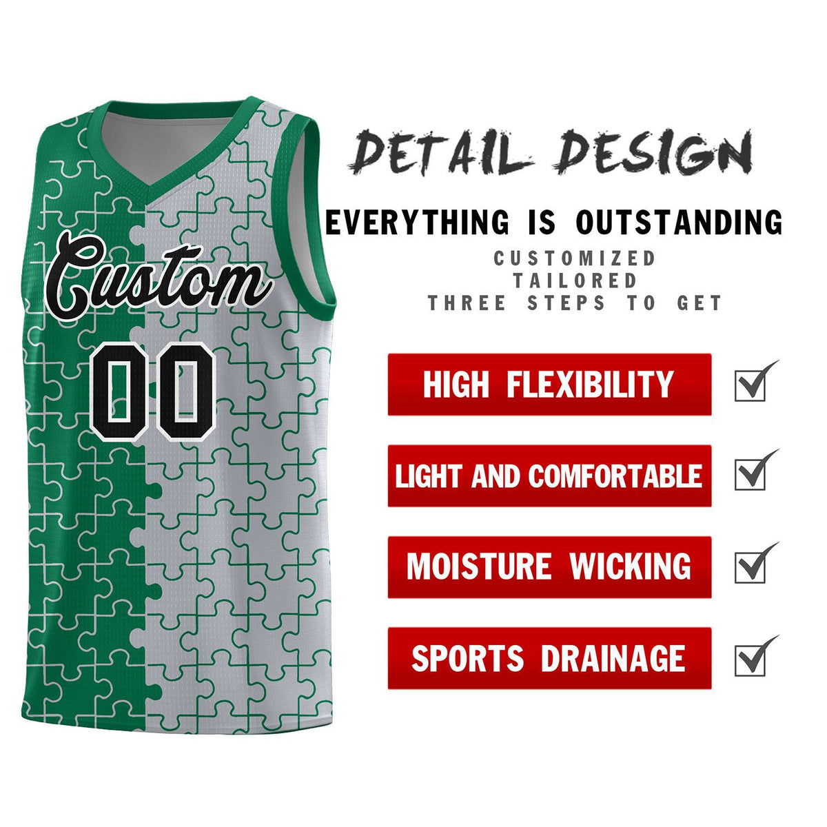 Custom Youth Basketball Jersey Kelly Green Gray Puzzle Pattern Add Name, Number &amp; Team Logo