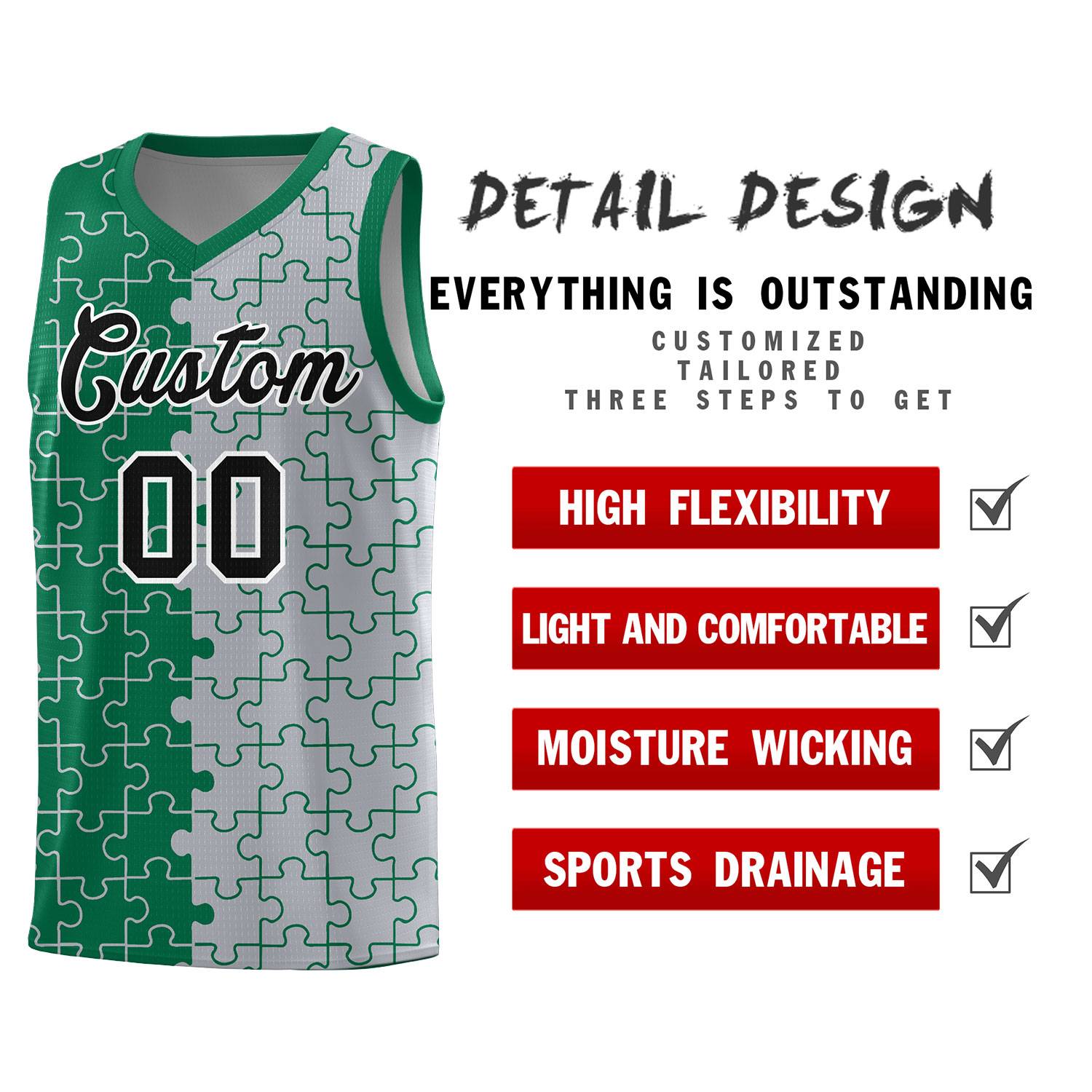 Custom Youth Basketball Jersey Kelly Green Gray Puzzle Pattern Add Name, Number & Team Logo