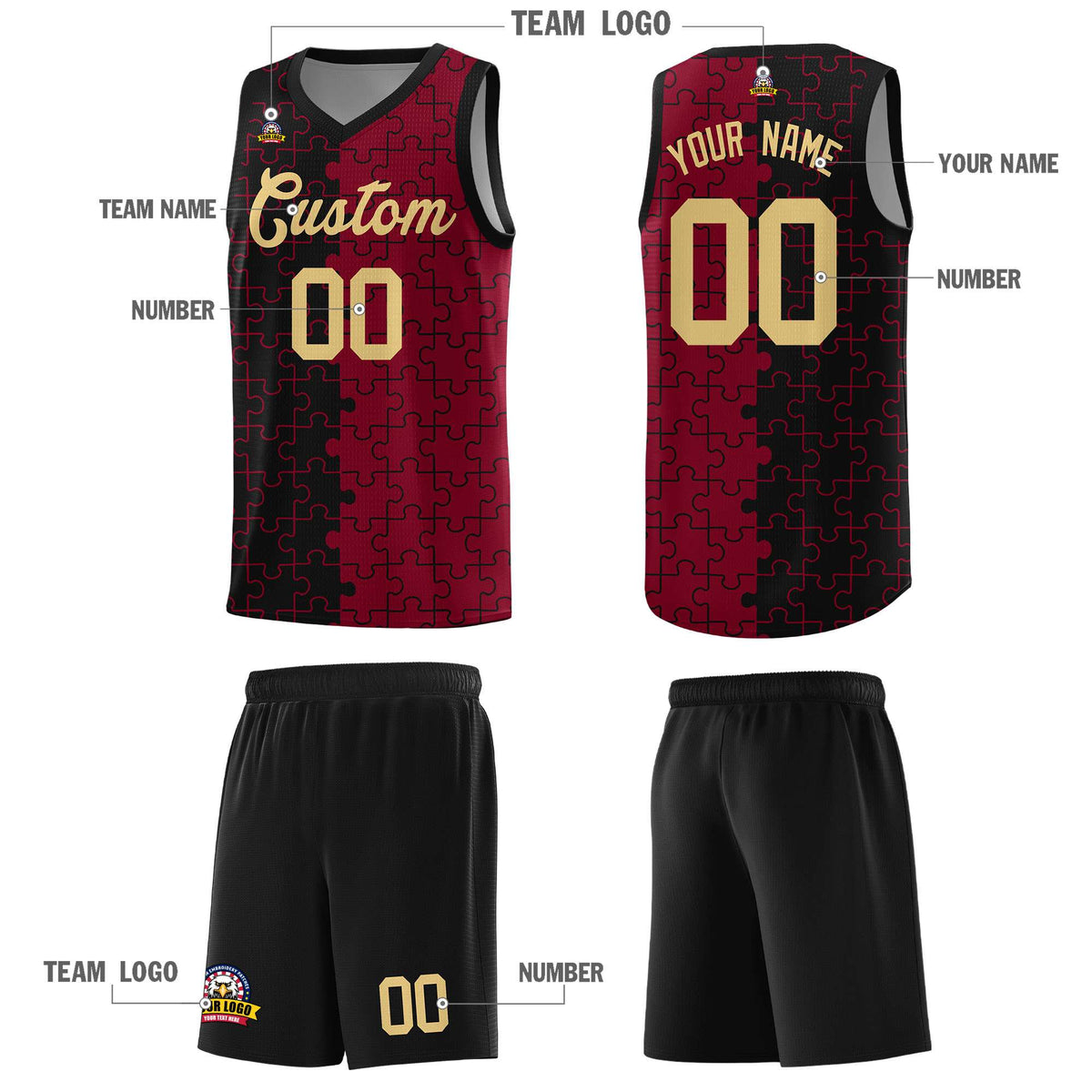 Custom Youth Basketball Jersey Black Crimson Puzzle Pattern Breathable Team Uniform