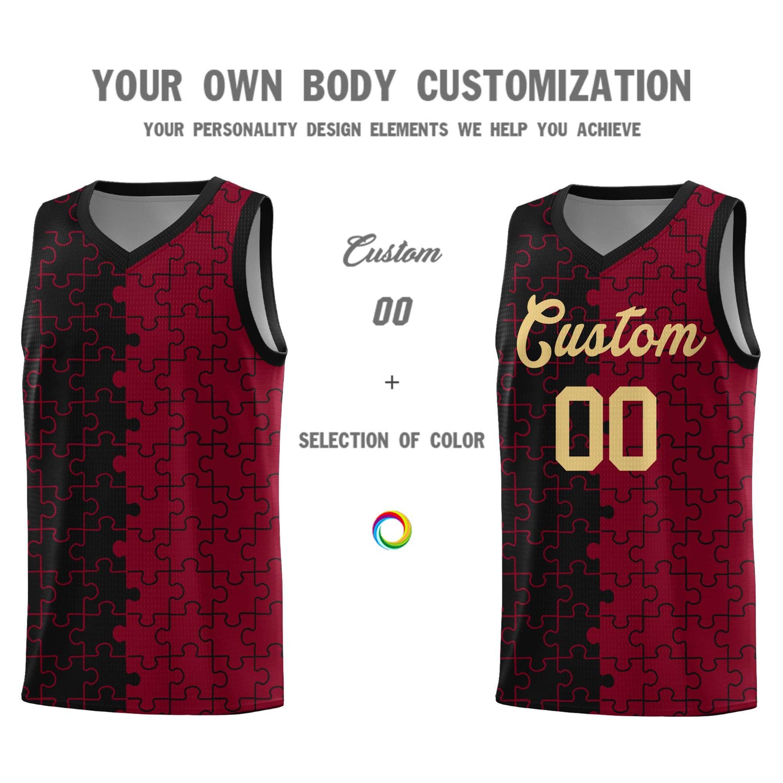 Custom Youth Basketball Jersey Black Crimson Puzzle Pattern Breathable Team Uniform