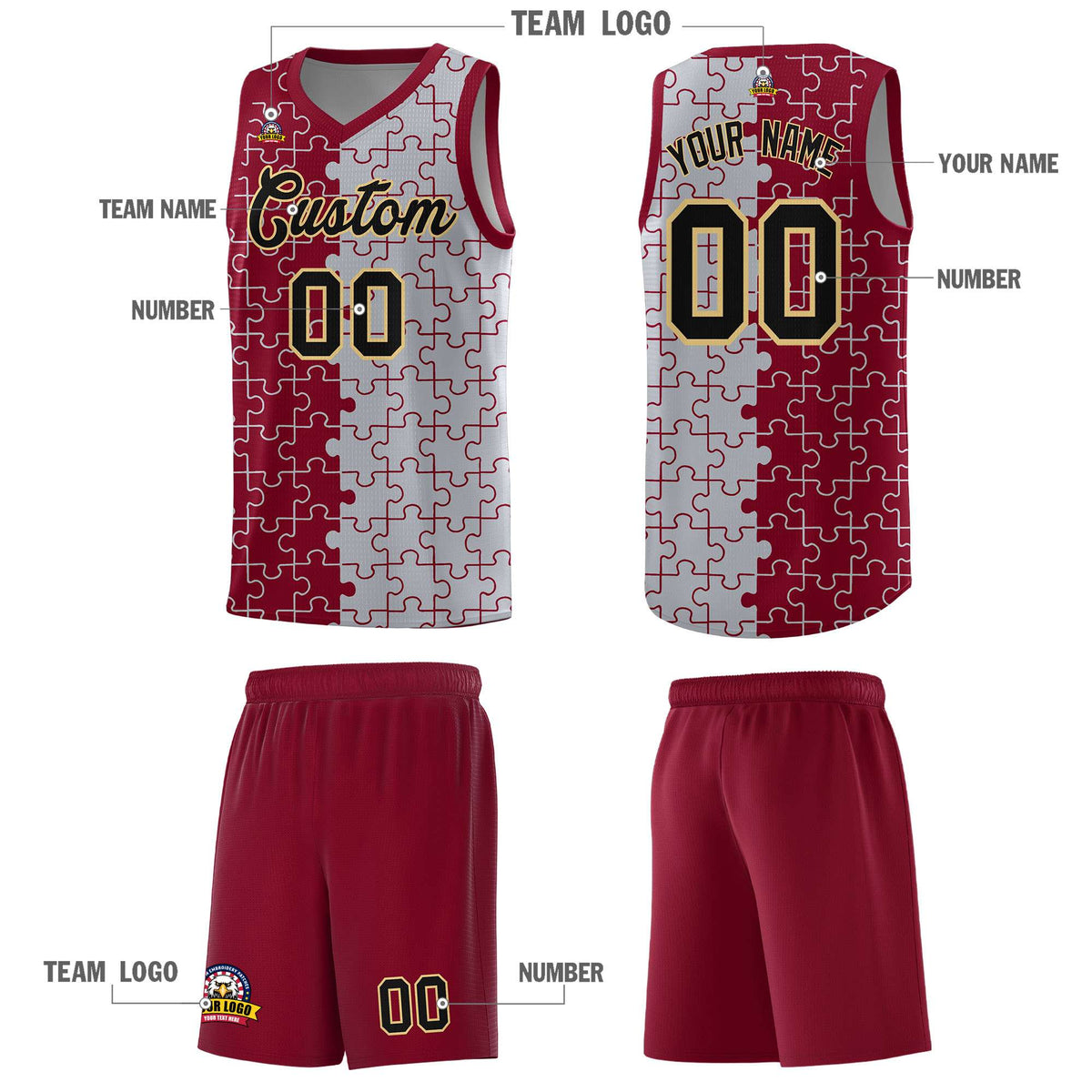 Custom Youth Basketball Jersey Crimson Gray Puzzle Pattern Moisture-Wicking Team Uniform