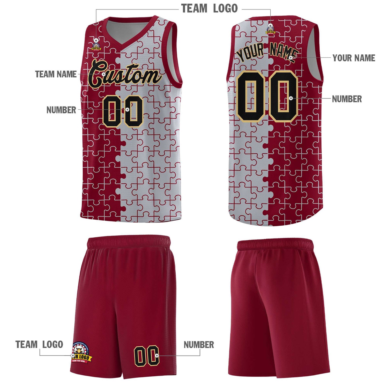 Custom Youth Basketball Jersey Crimson Gray Puzzle Pattern Moisture-Wicking Team Uniform