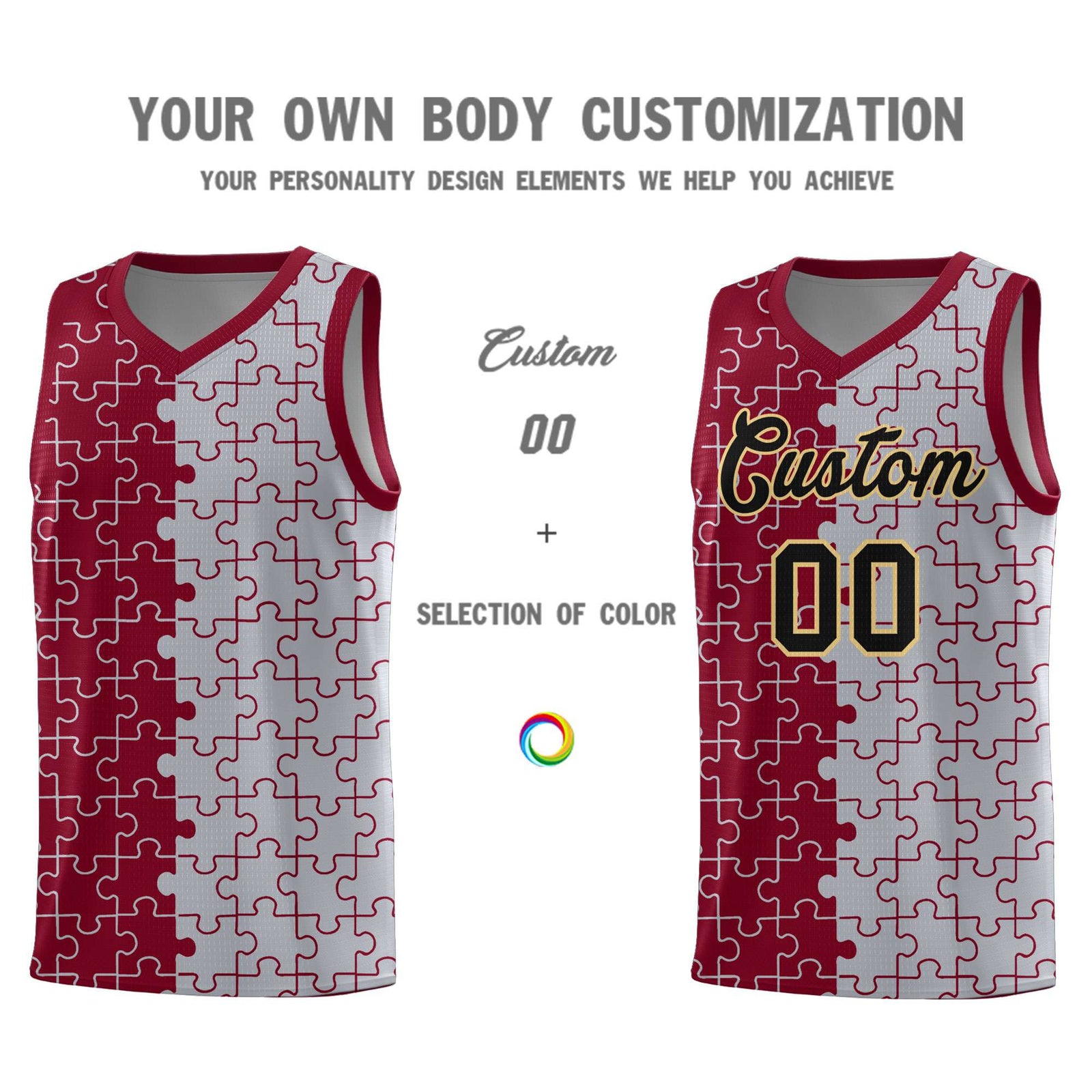 Custom Youth Basketball Jersey Crimson Gray Puzzle Pattern Moisture-Wicking Team Uniform