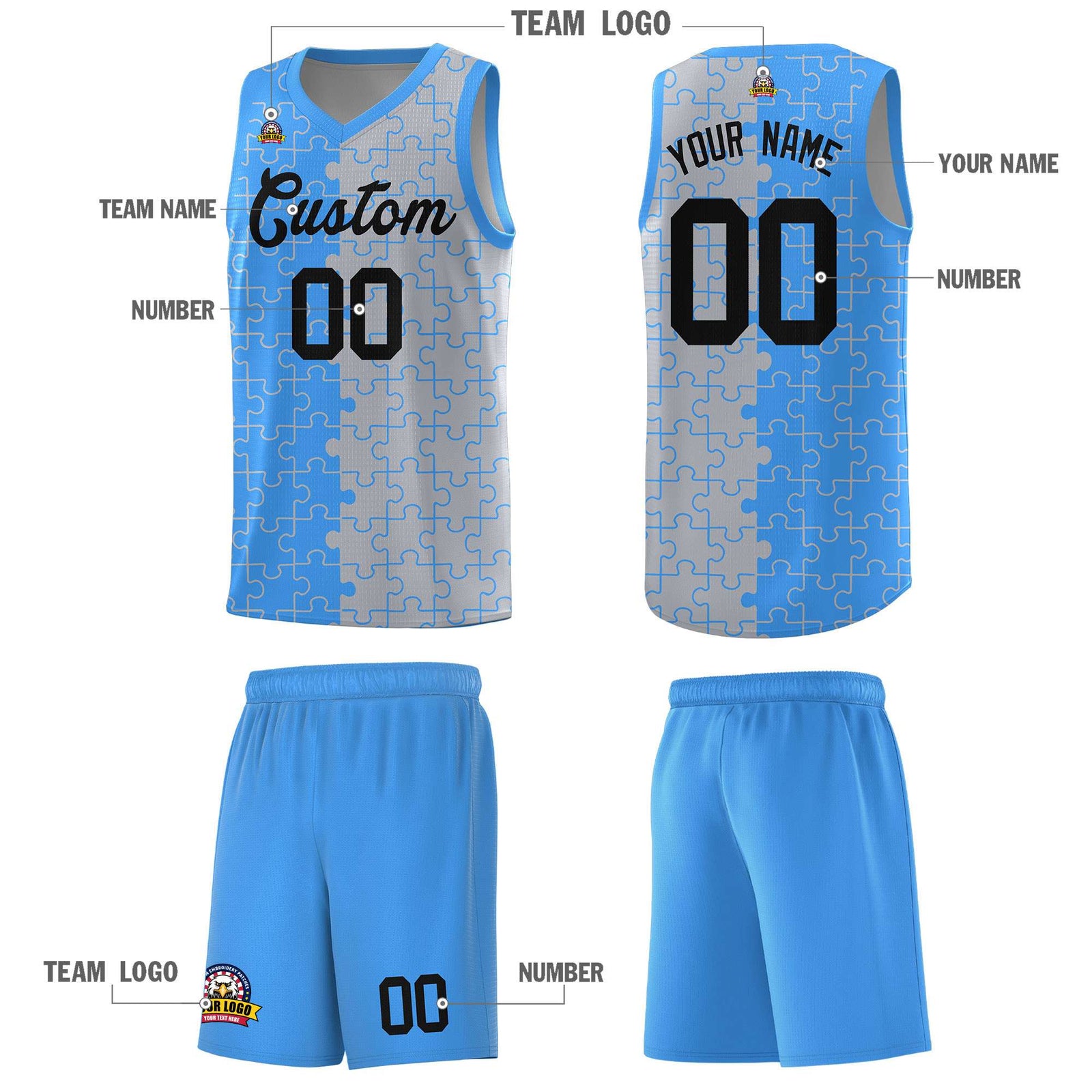 Custom Youth Basketball Jersey Light Blue Gray Puzzle Pattern Add Name, Number & Team Logo