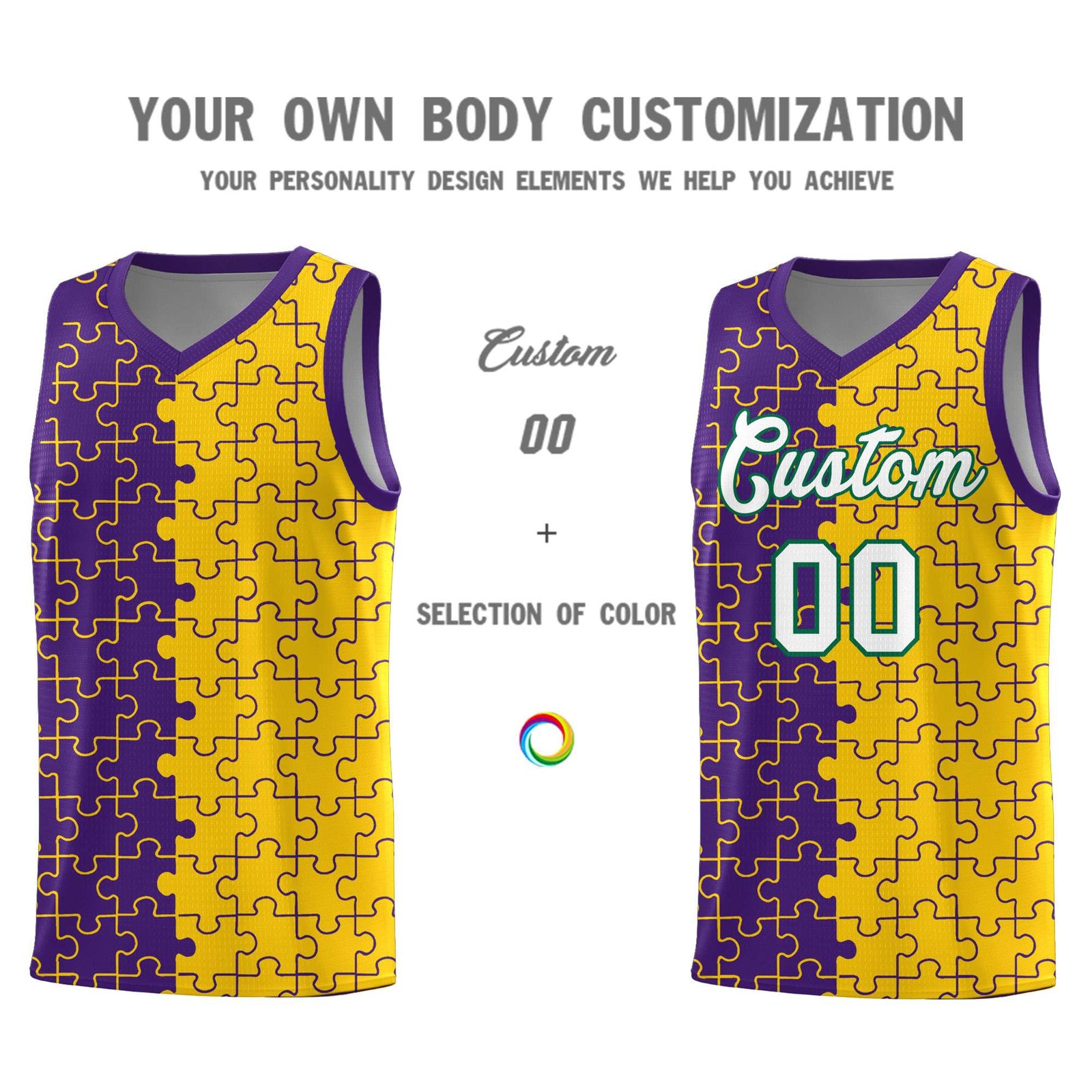 Custom Youth Basketball Jersey Purple Gold Puzzle Pattern Personalized Team Uniform