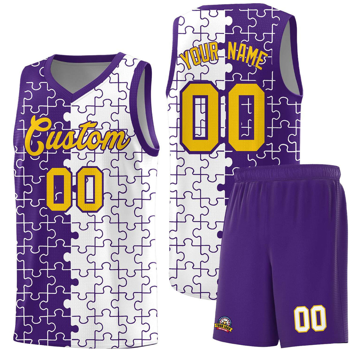 Custom Youth Basketball Jersey Purple White Puzzle Pattern Add Name, Number &amp; Team Logo
