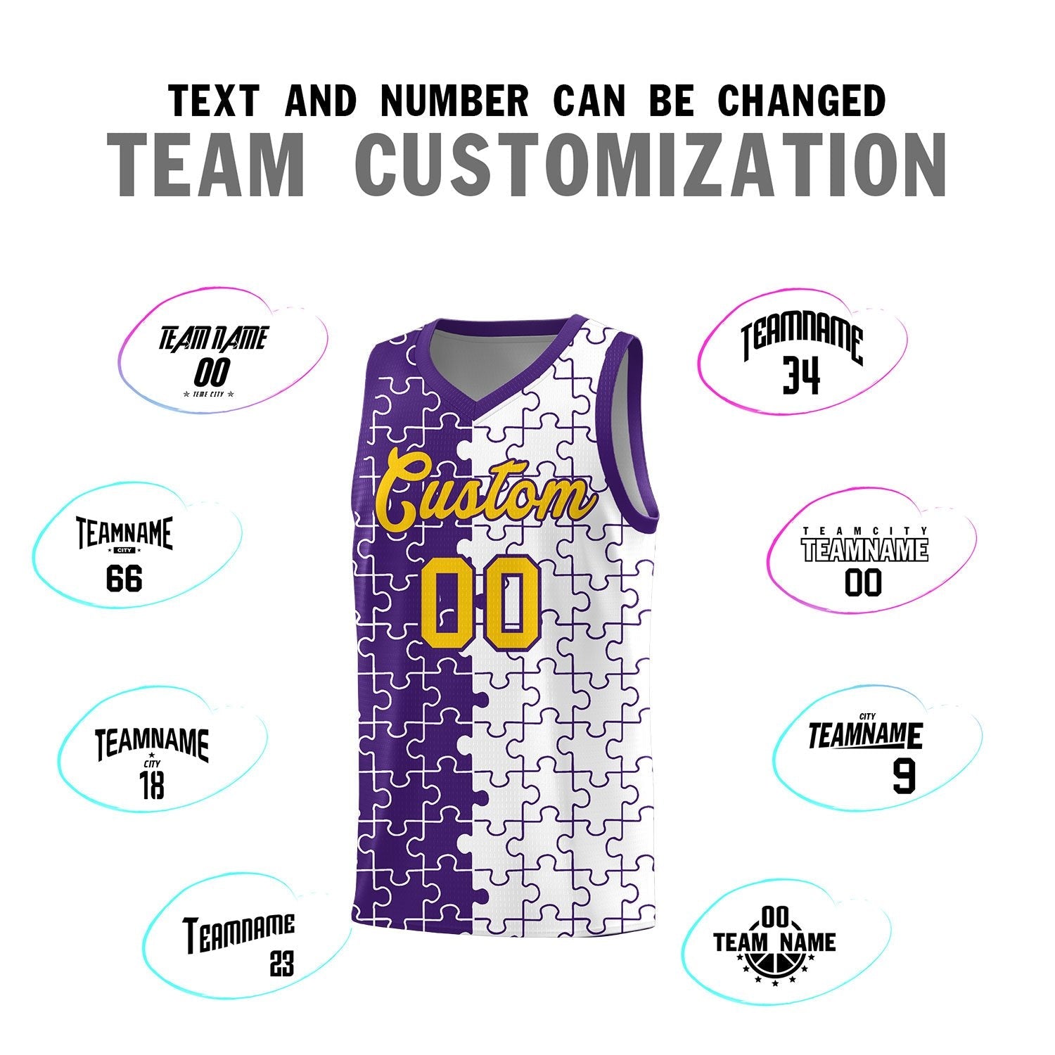 Custom Youth Basketball Jersey Purple White Puzzle Pattern Add Name, Number & Team Logo