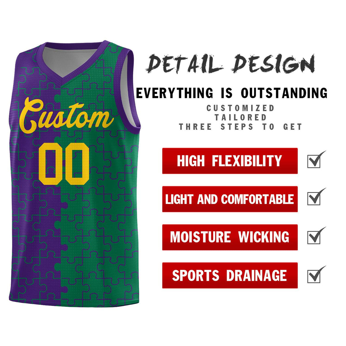 Custom Youth Basketball Jersey Purple Kelly Green Puzzle Pattern Breathable Team Uniform