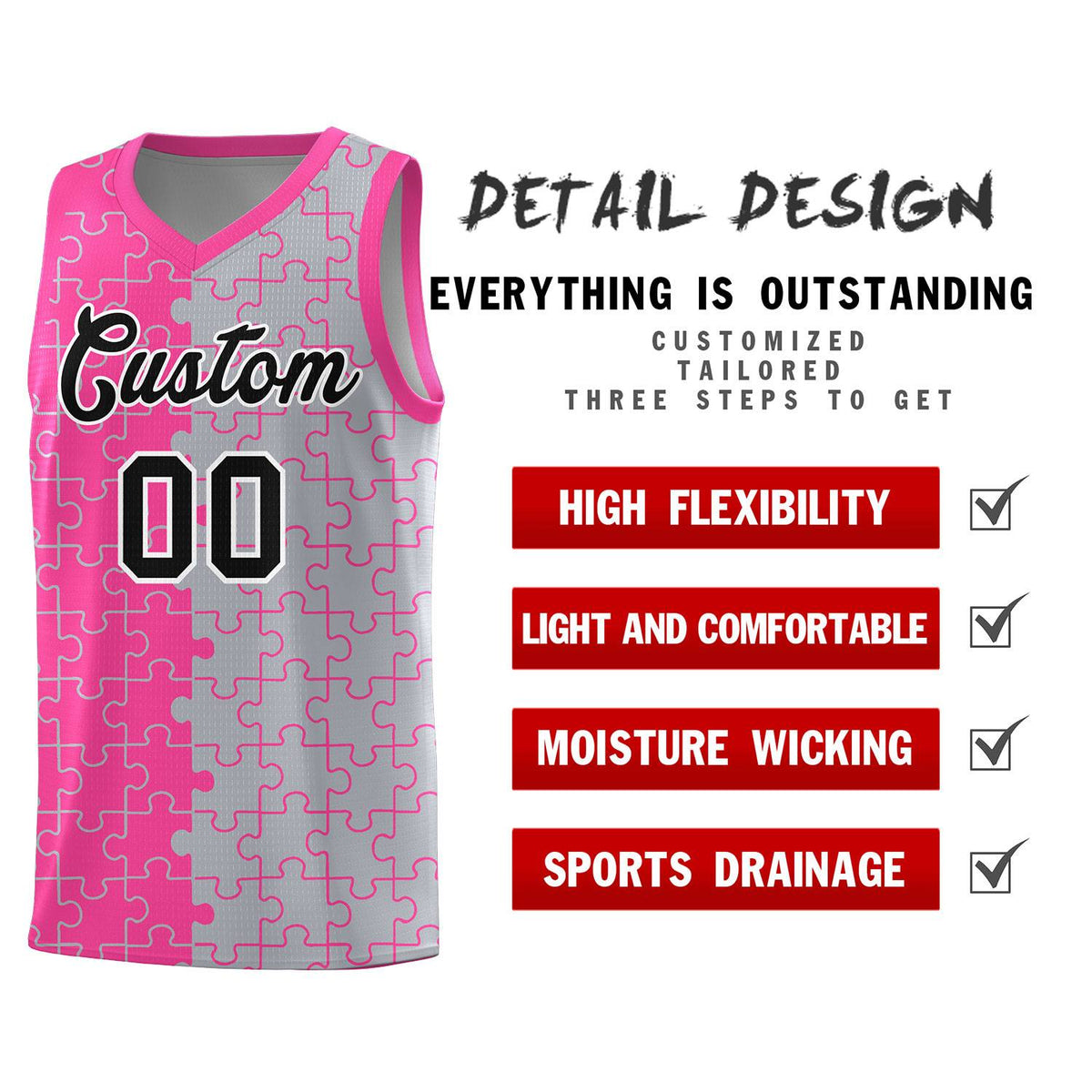 Custom Youth Basketball Jersey Pink Gray Puzzle Pattern Personalized Team Uniform
